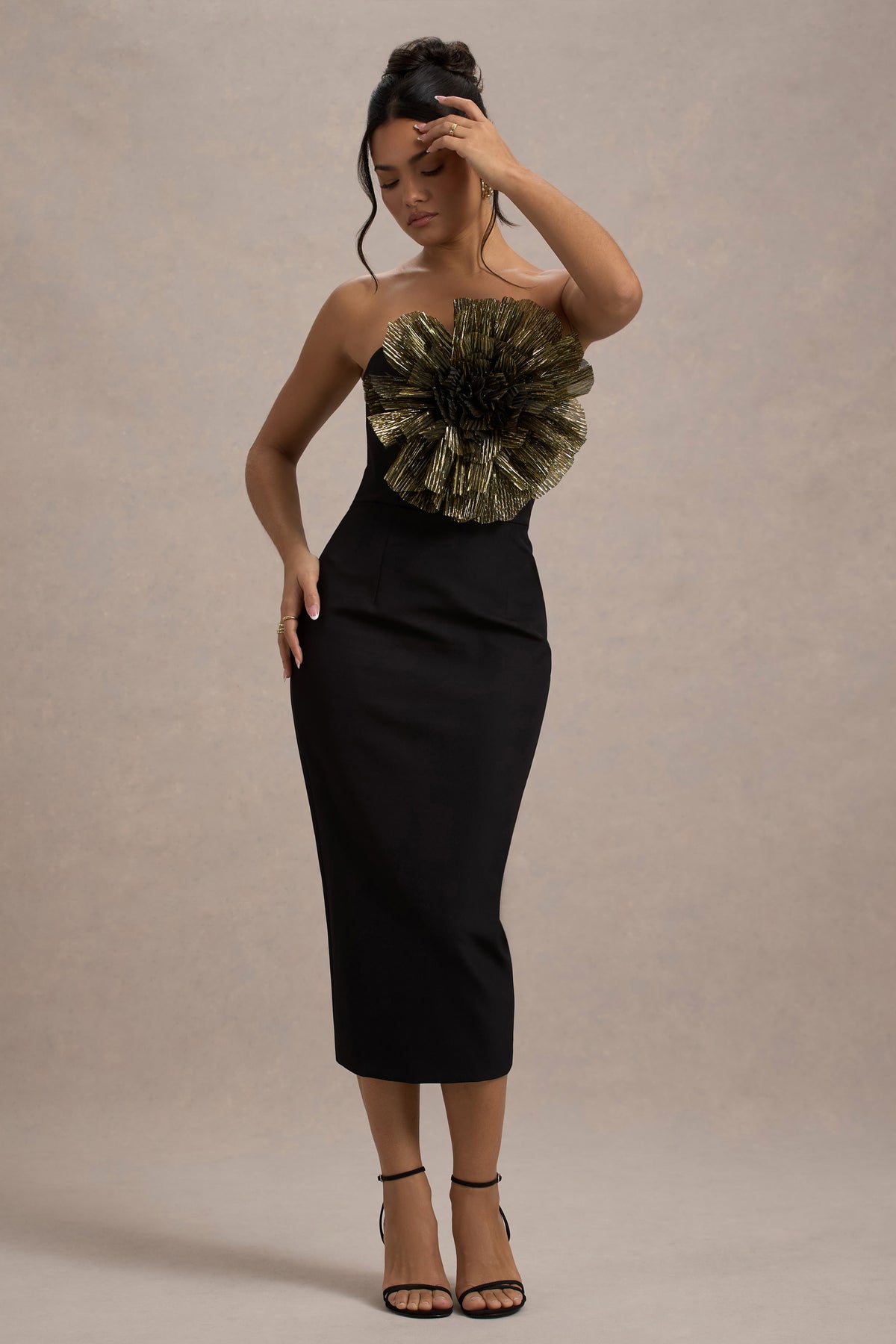 Moya | Black & Gold Bodycon Midi Dress With Corsage Detail - Club L 