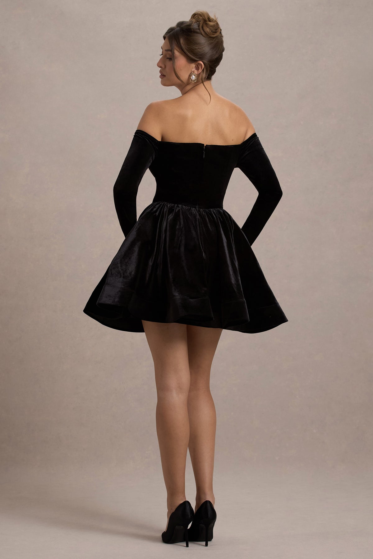 Ottie | Black Velvet Bardot Skater Mini Dress - Club L 