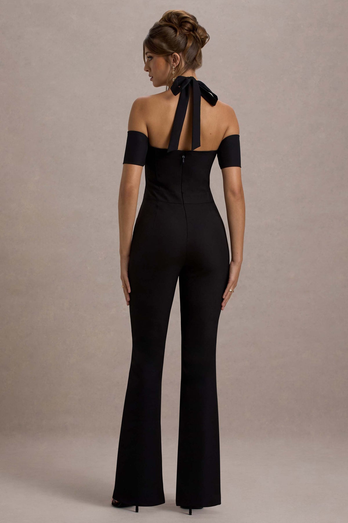 Aurea | Black Halter-Neck Flared-Leg Jumpsuit - Club L 