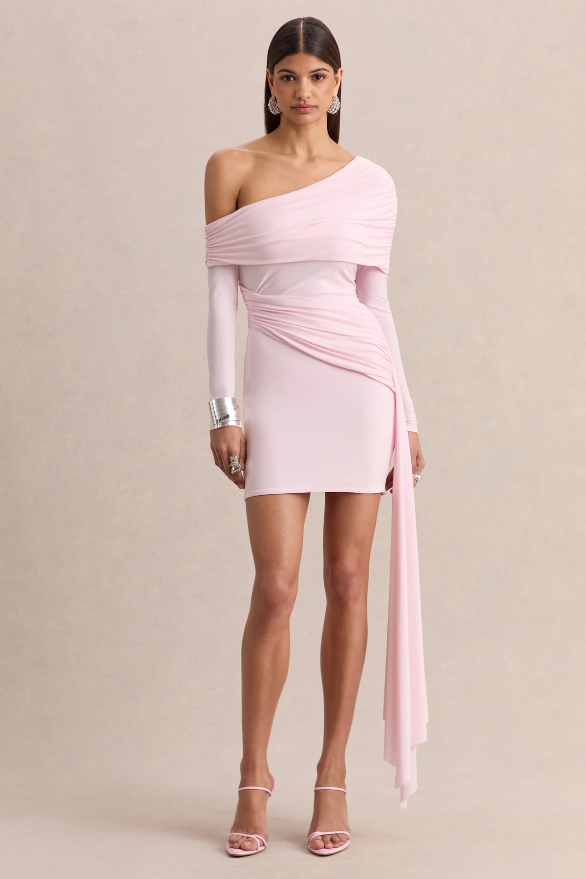 Savita Light Pink Ruched Asymmetric Mini Dress With Drape Club L London - UK Savita Light Pink Ruched Asymmetric Mini Dress With Drape Club L London - UK