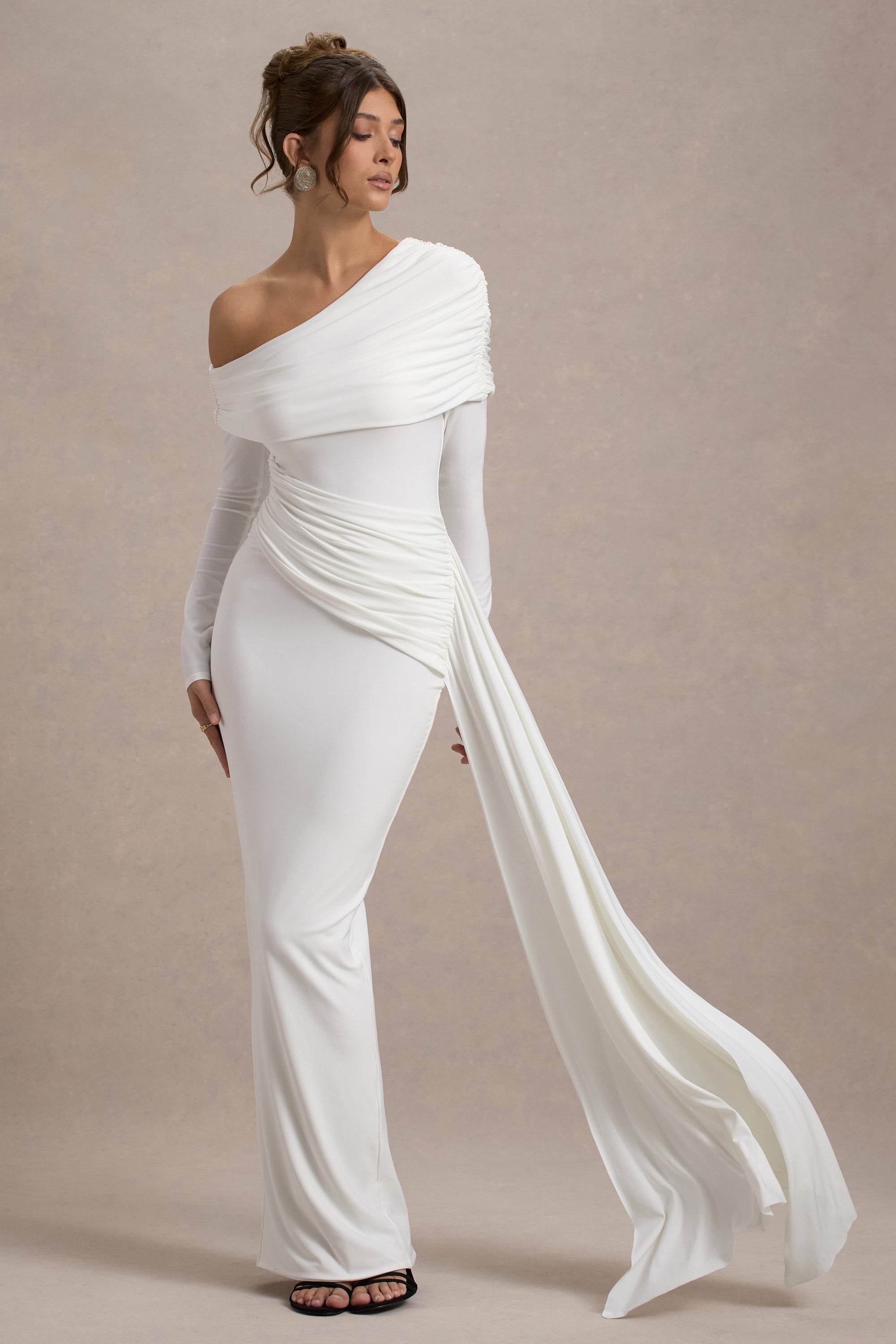 Valina | White Ruched Asymmetric Maxi Dress With Drape - Club L 