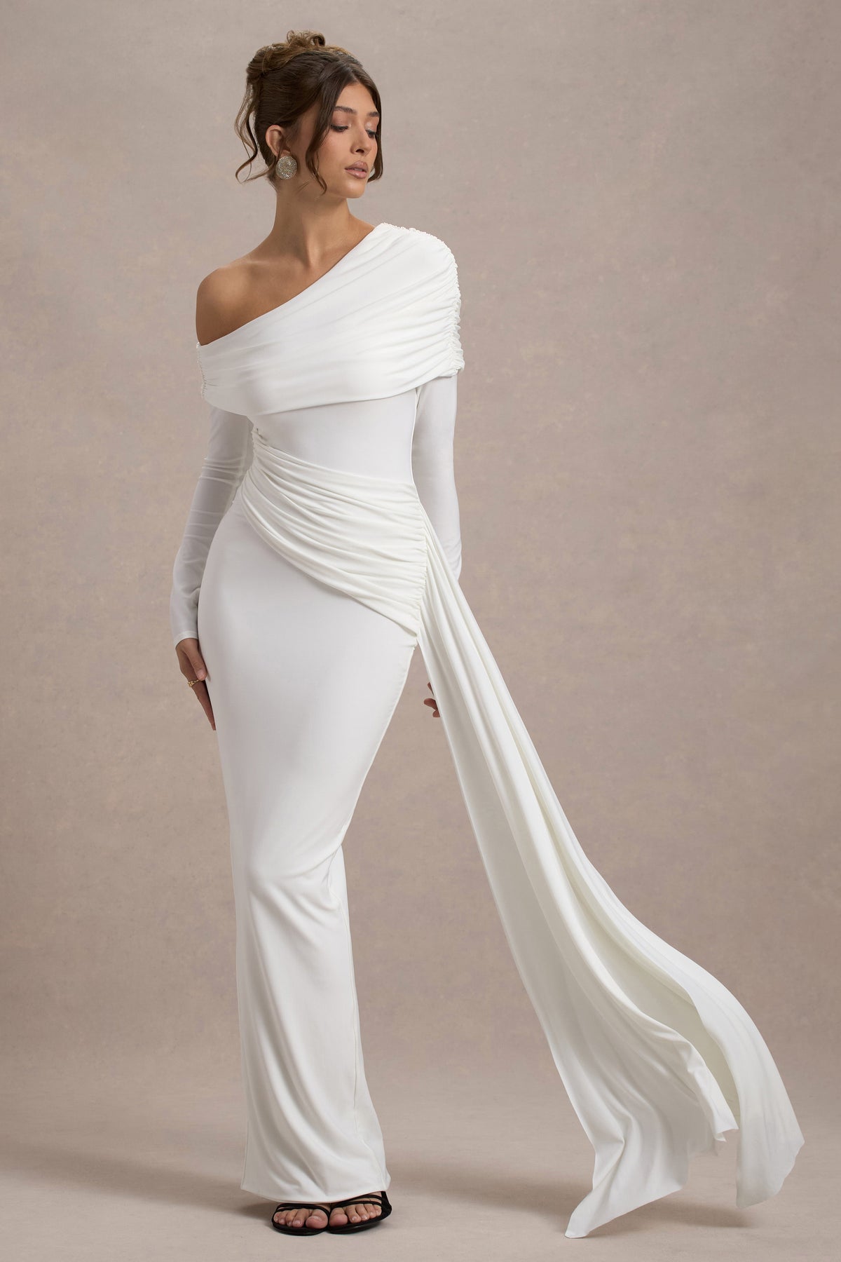 Valina White Ruched Asymmetric Maxi Dress With Drape Club L London - UK Valina White Ruched Asymmetric Maxi Dress With Drape Club L London - UK