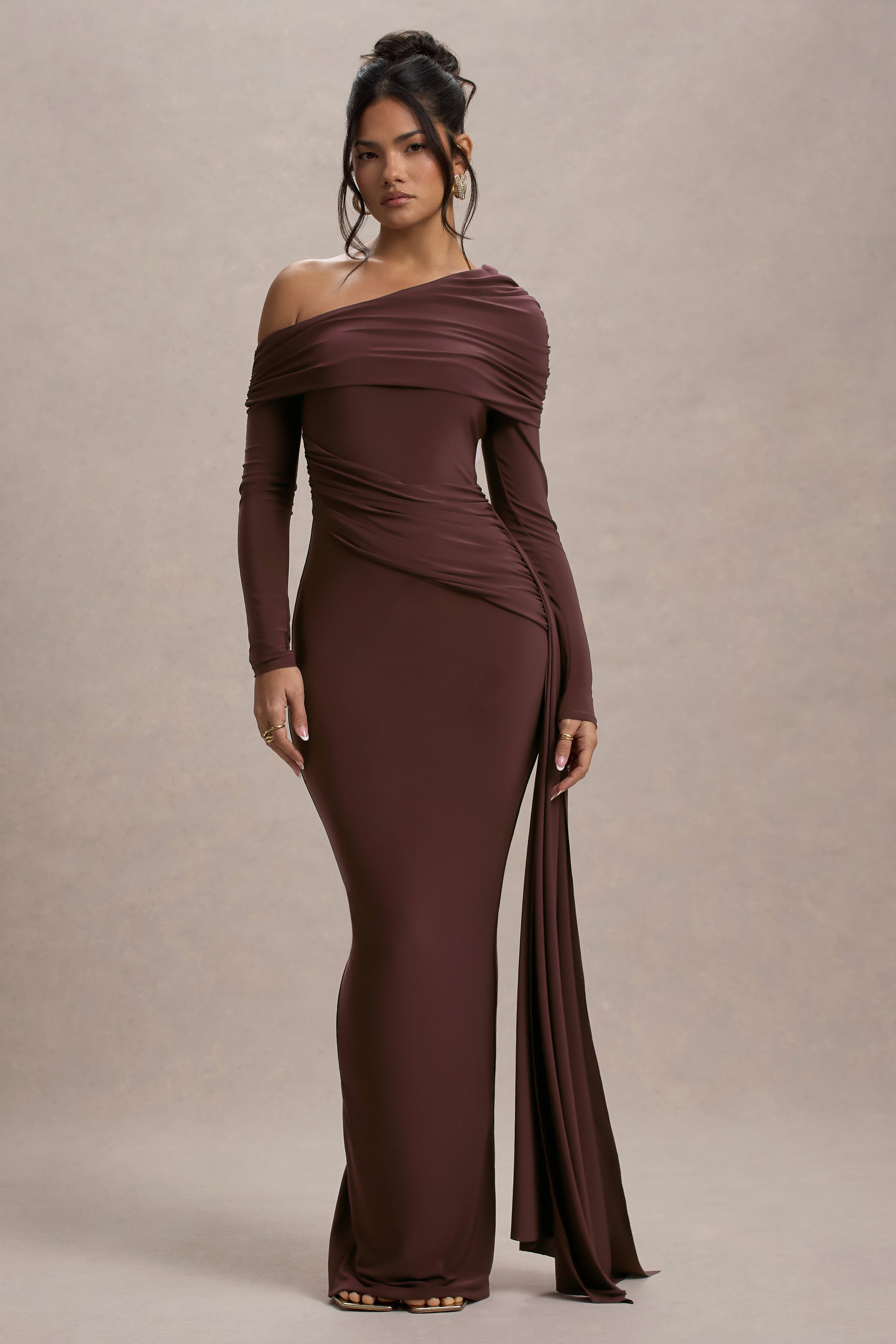 Valina | Brown Ruched Asymmetric Maxi Dress With Drape – Club L London