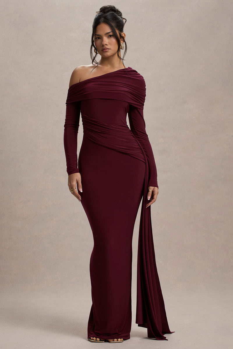 Valina | Black Ruched Asymmetric Maxi Dress With Drape – Club L London