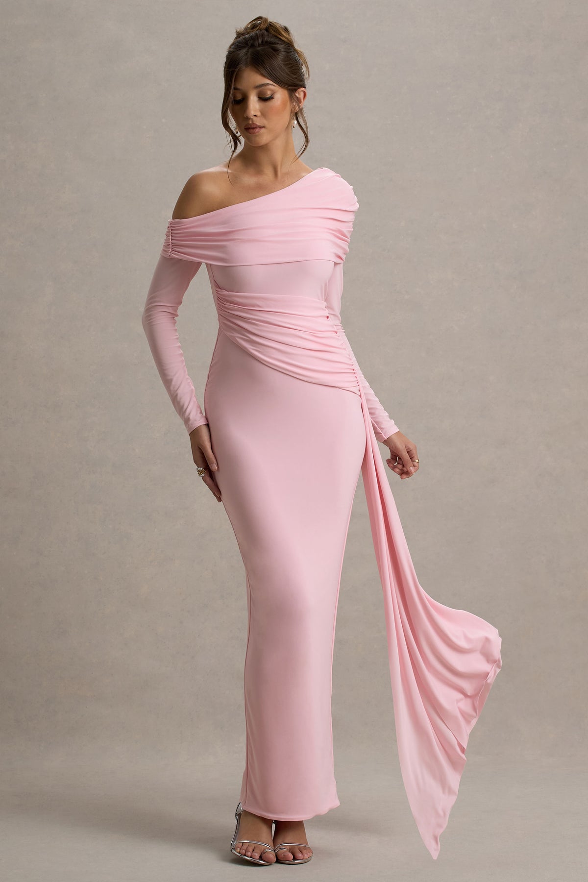 Valina Pink Ruched Asymmetric Maxi Dress With Drape – Club L London Valina Pink Ruched Asymmetric Maxi Dress With Drape – Club L London