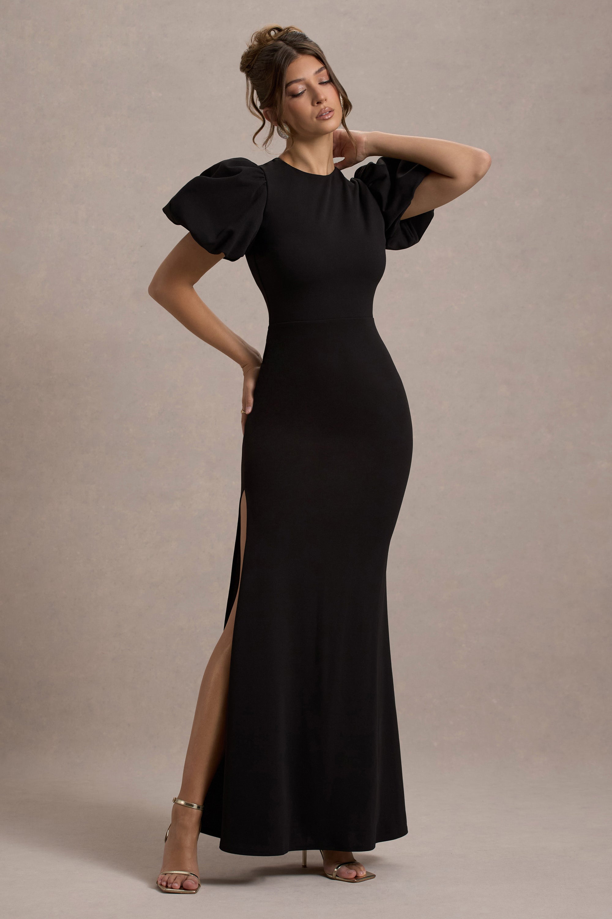 long black dress with puffy sleeves Puff Sleeve Maxi Dress Black
