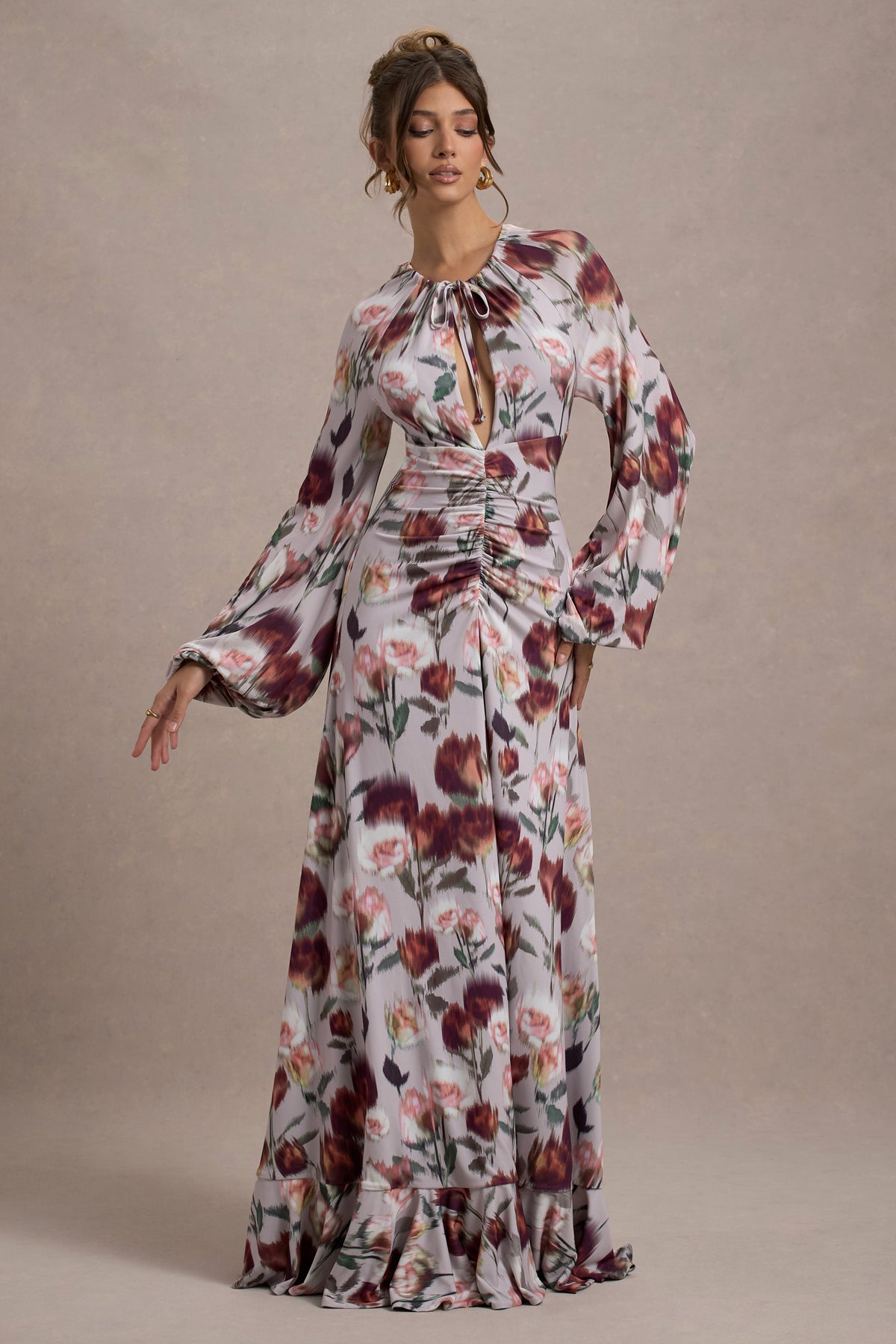 Althena | Cream Floral Print Balloon-Sleeve Maxi Dress - Club L 