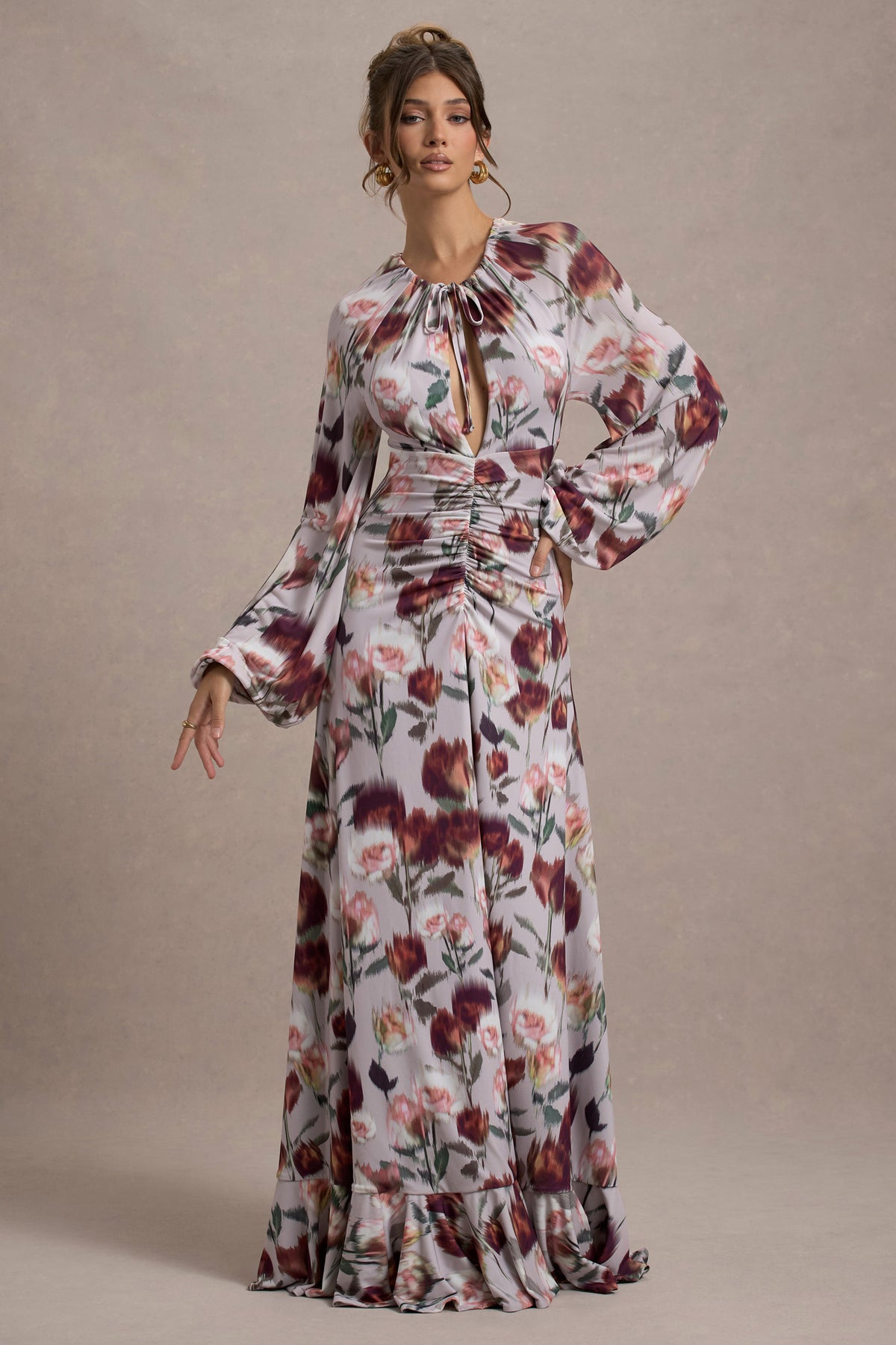 Althena | Cream Floral Print Balloon-Sleeve Maxi Dress - Club L 