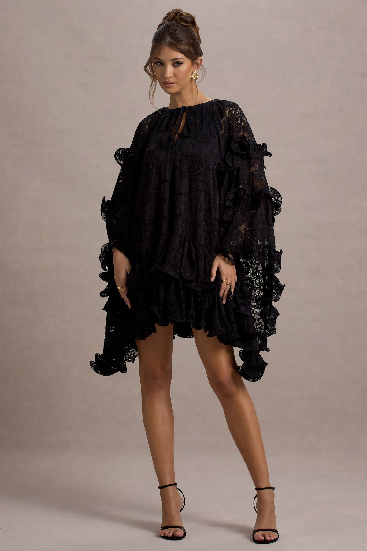 Arlington | Black Lace Cape-Sleeve Mini Dress - Club L 