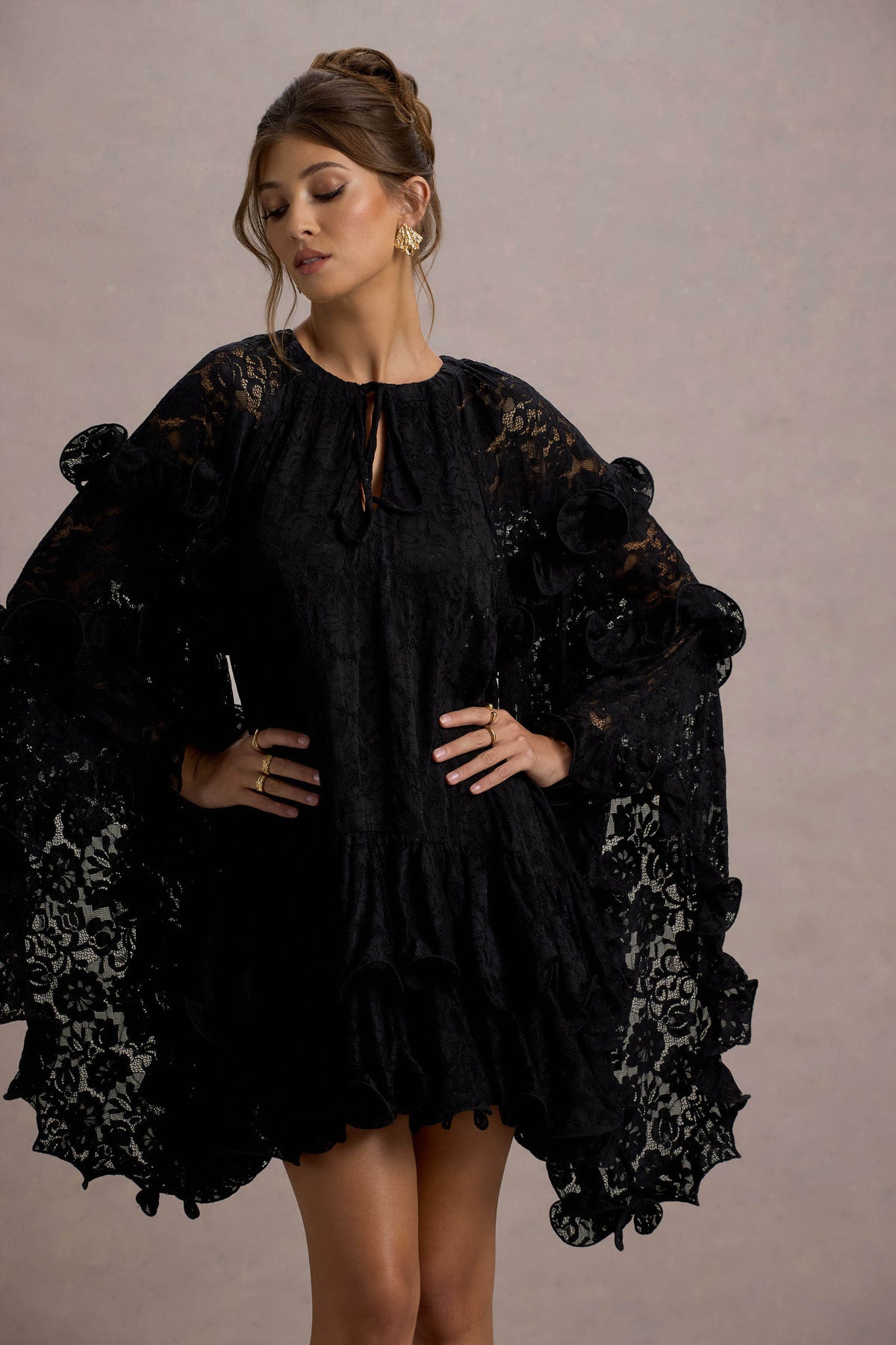Arlington | Black Lace Cape-Sleeve Mini Dress - Club L 