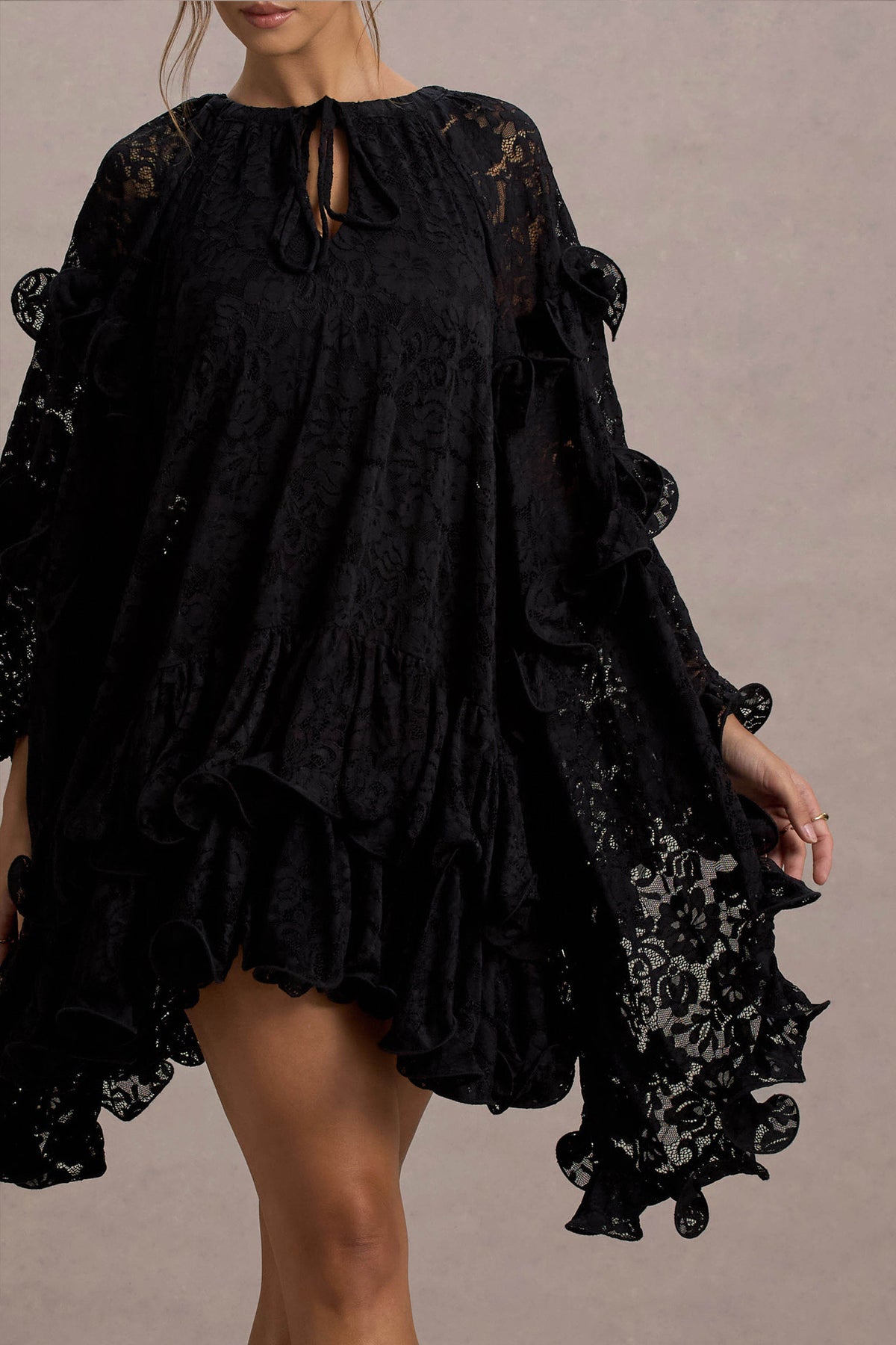 Arlington | Black Lace Cape-Sleeve Mini Dress - Club L 