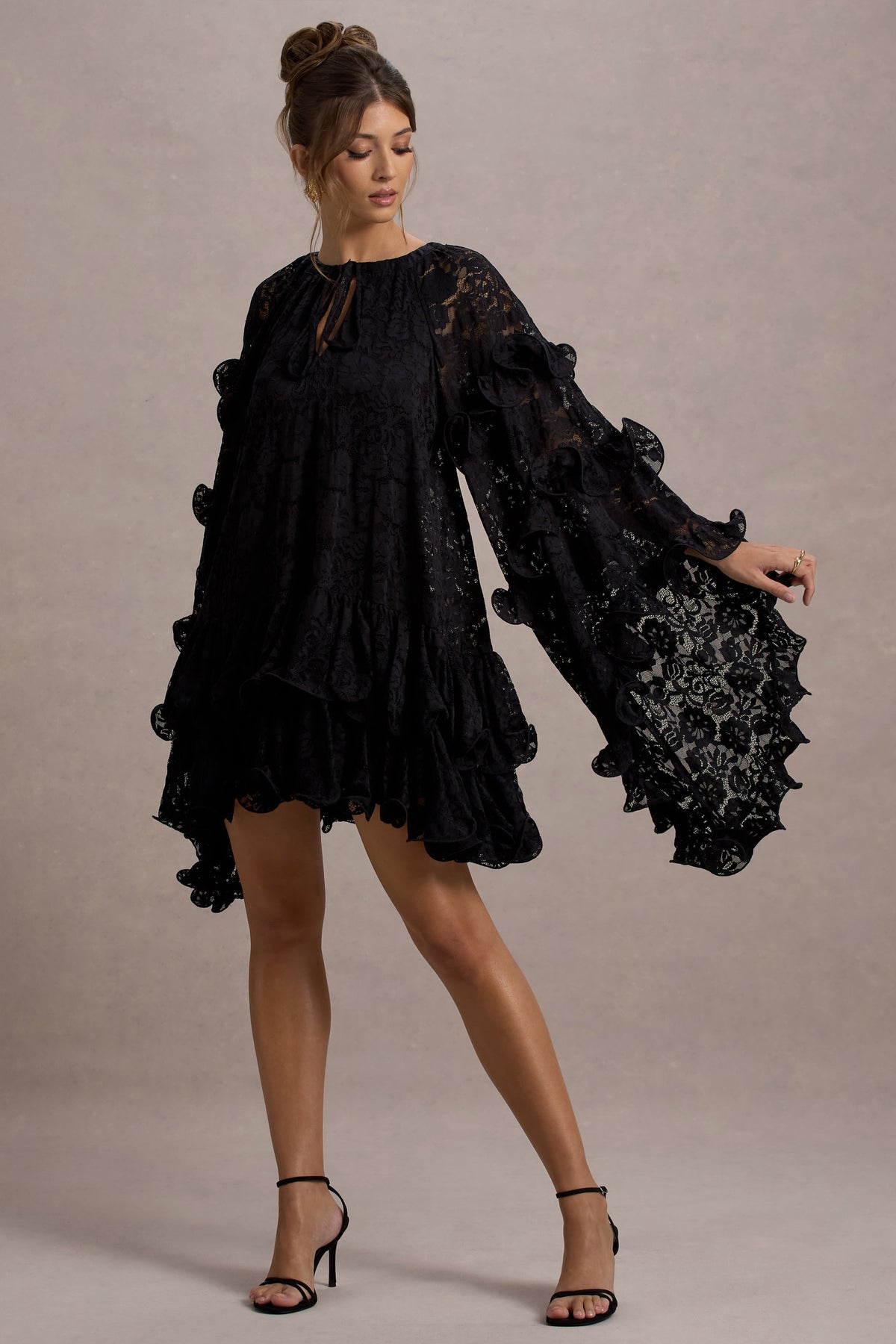 Arlington | Black Lace Cape-Sleeve Mini Dress - Club L 