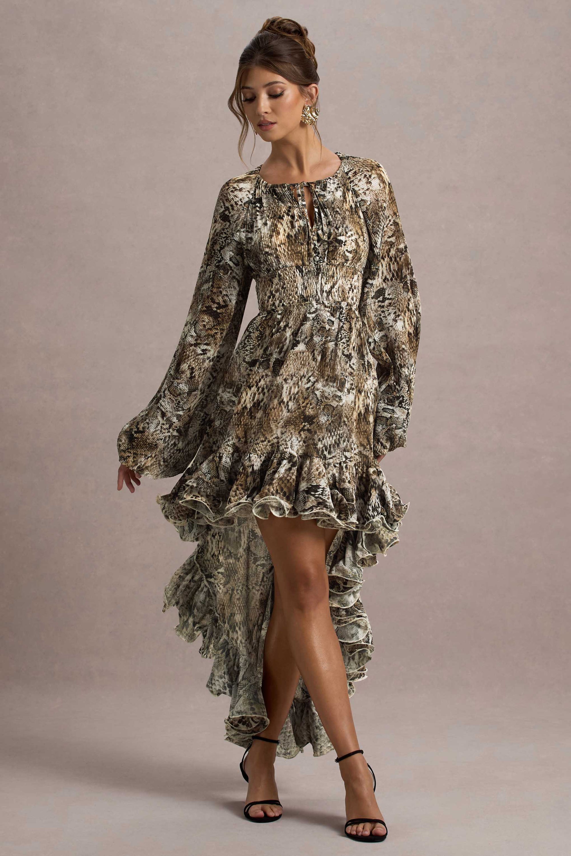 Namir | Snake Print High-Low Chiffon Maxi Dress – Club L London