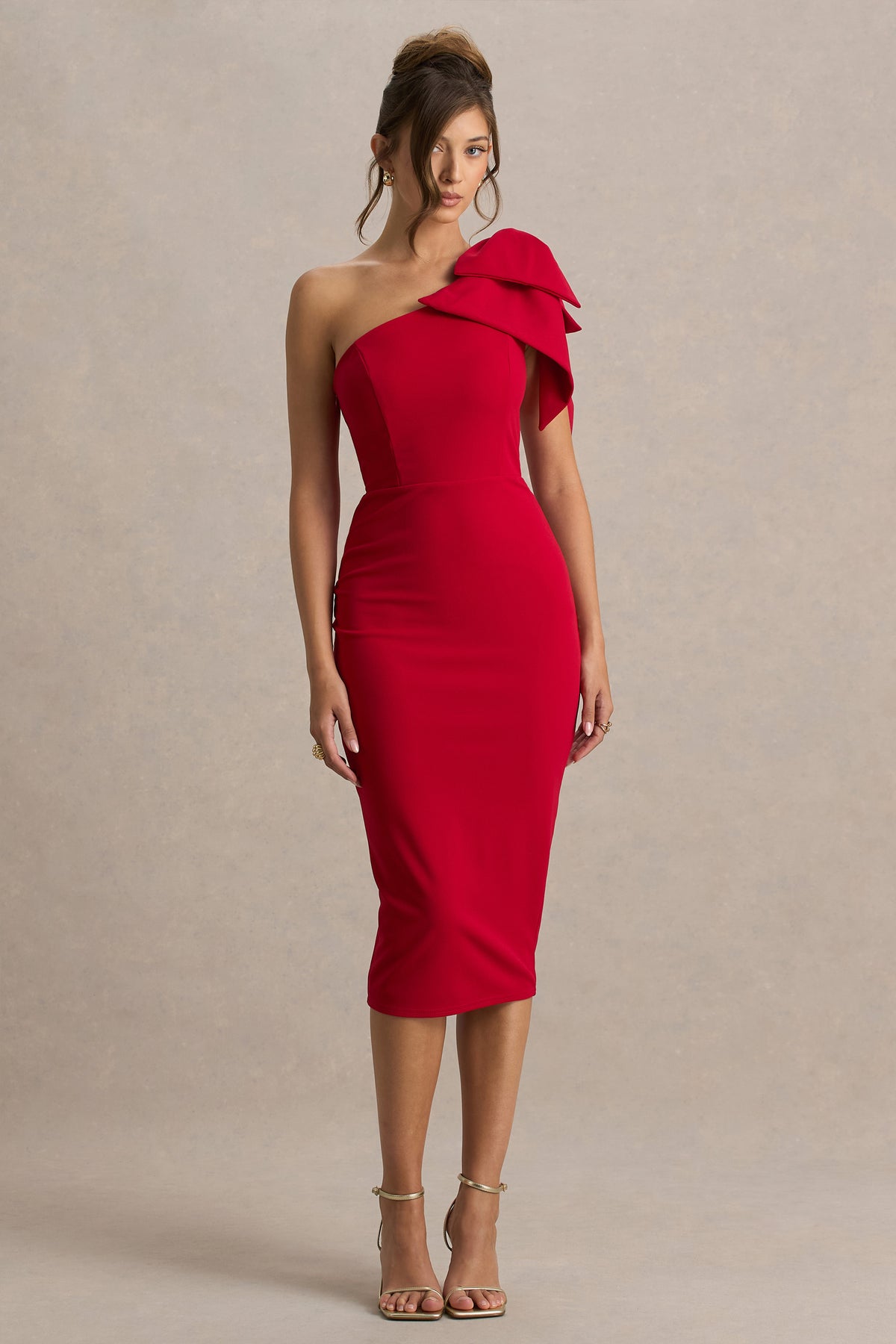Ambretta Red One-Shoulder Midi Dress With Bow Club L London - UK Ambretta Red One-Shoulder Midi Dress With Bow Club L London - UK
