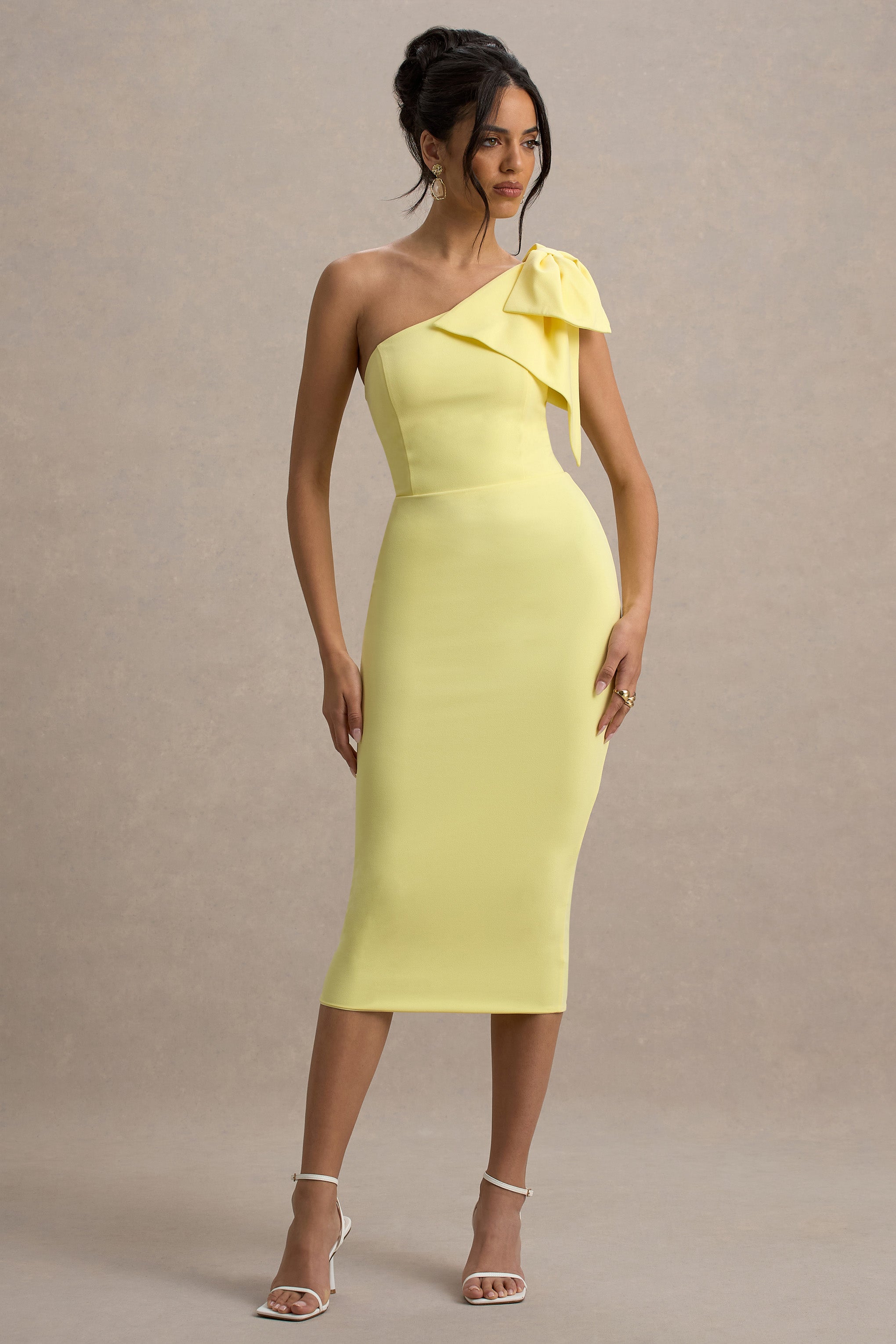 Ambretta | Lemon One-Shoulder Midi Dress With Bow – Club L London - UK