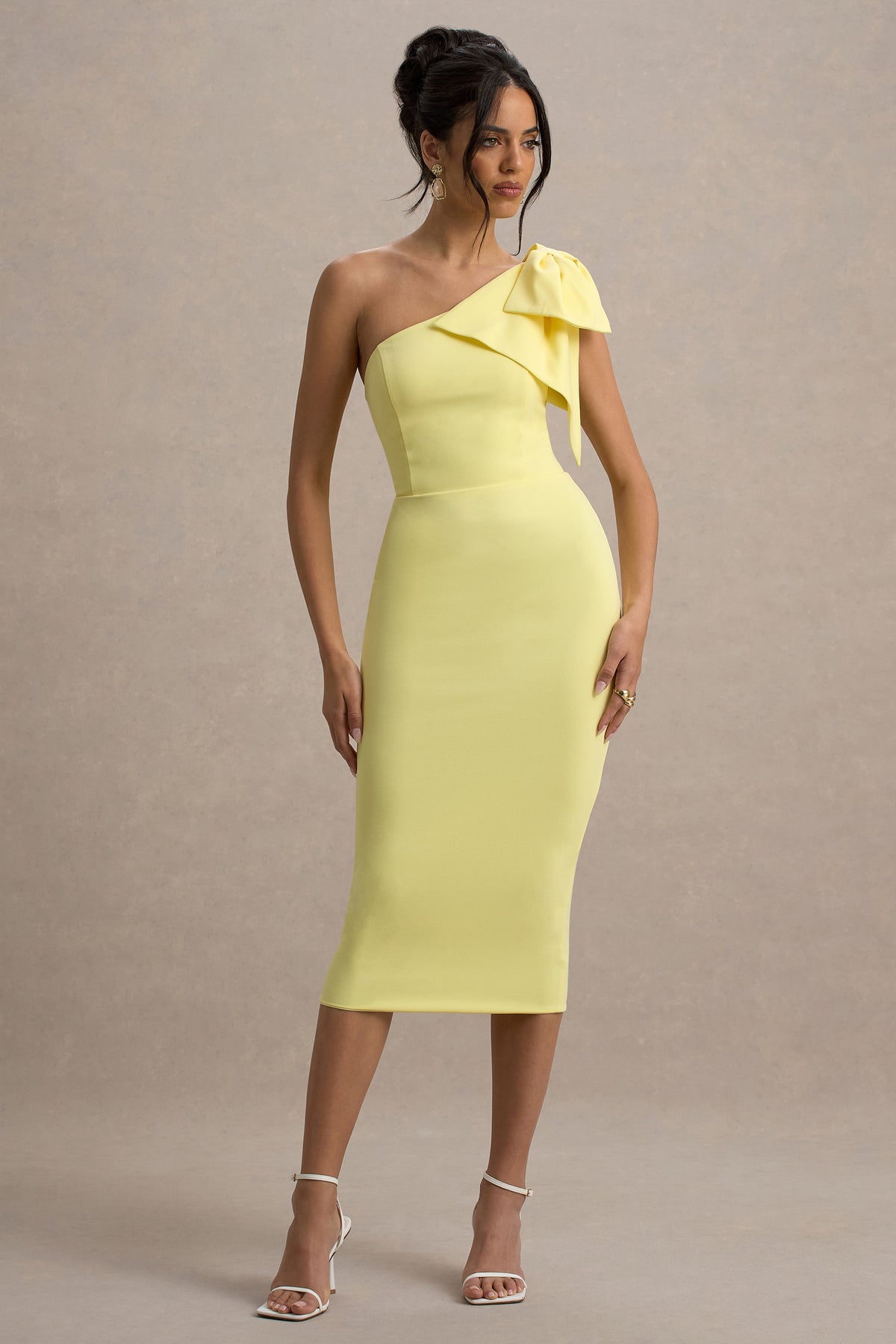 Ambretta Lemon One-Shoulder Midi Dress With Bow Club L London - UK Ambretta Lemon One-Shoulder Midi Dress With Bow Club L London - UK