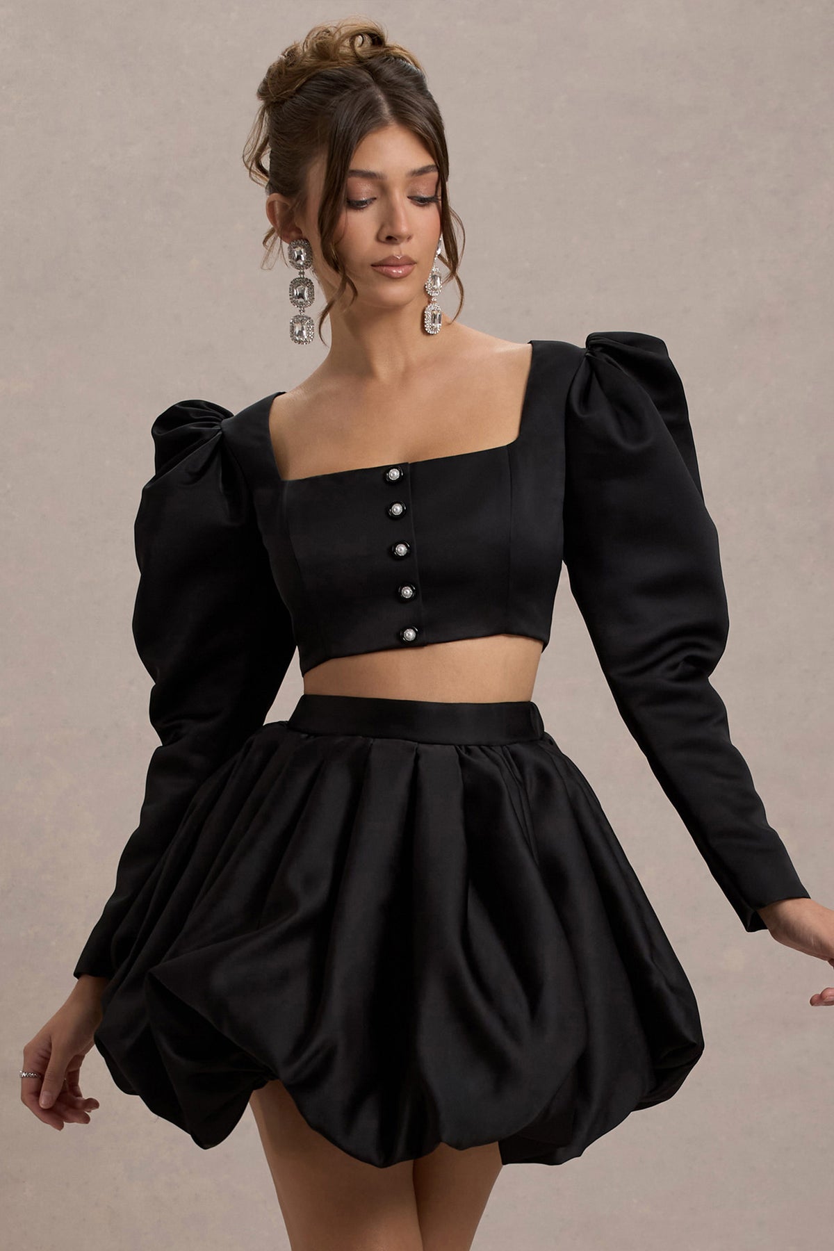 Eloisa | Black Satin Puff-Sleeve Cropped Jacket - Club L 