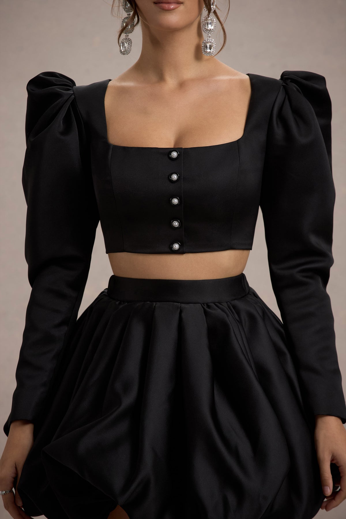 Eloisa | Black Satin Puff-Sleeve Cropped Jacket - Club L 
