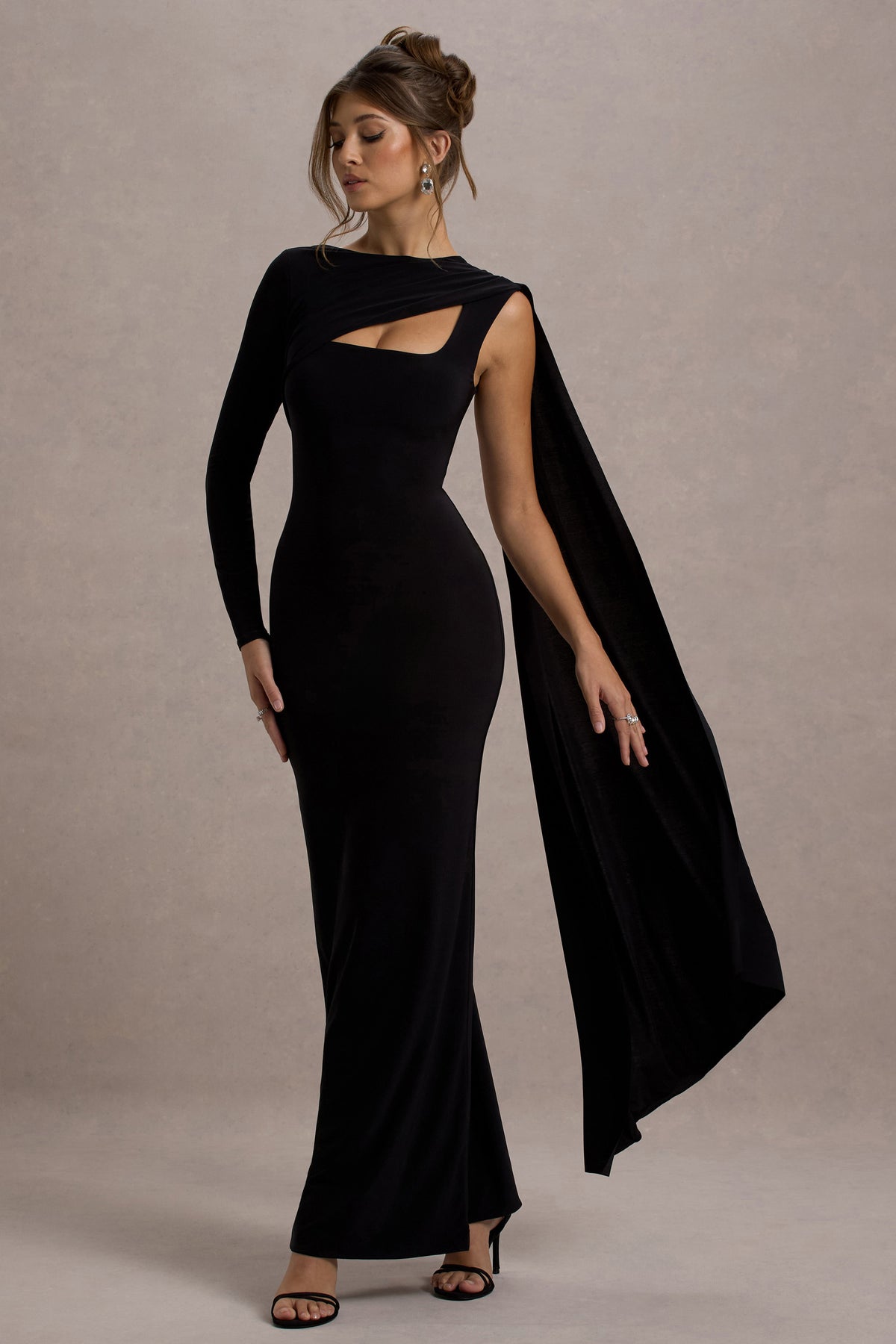 Ashini Black One-Sleeve Maxi Dress With Cape Club L London - UK Ashini Black One-Sleeve Maxi Dress With Cape Club L London - UK