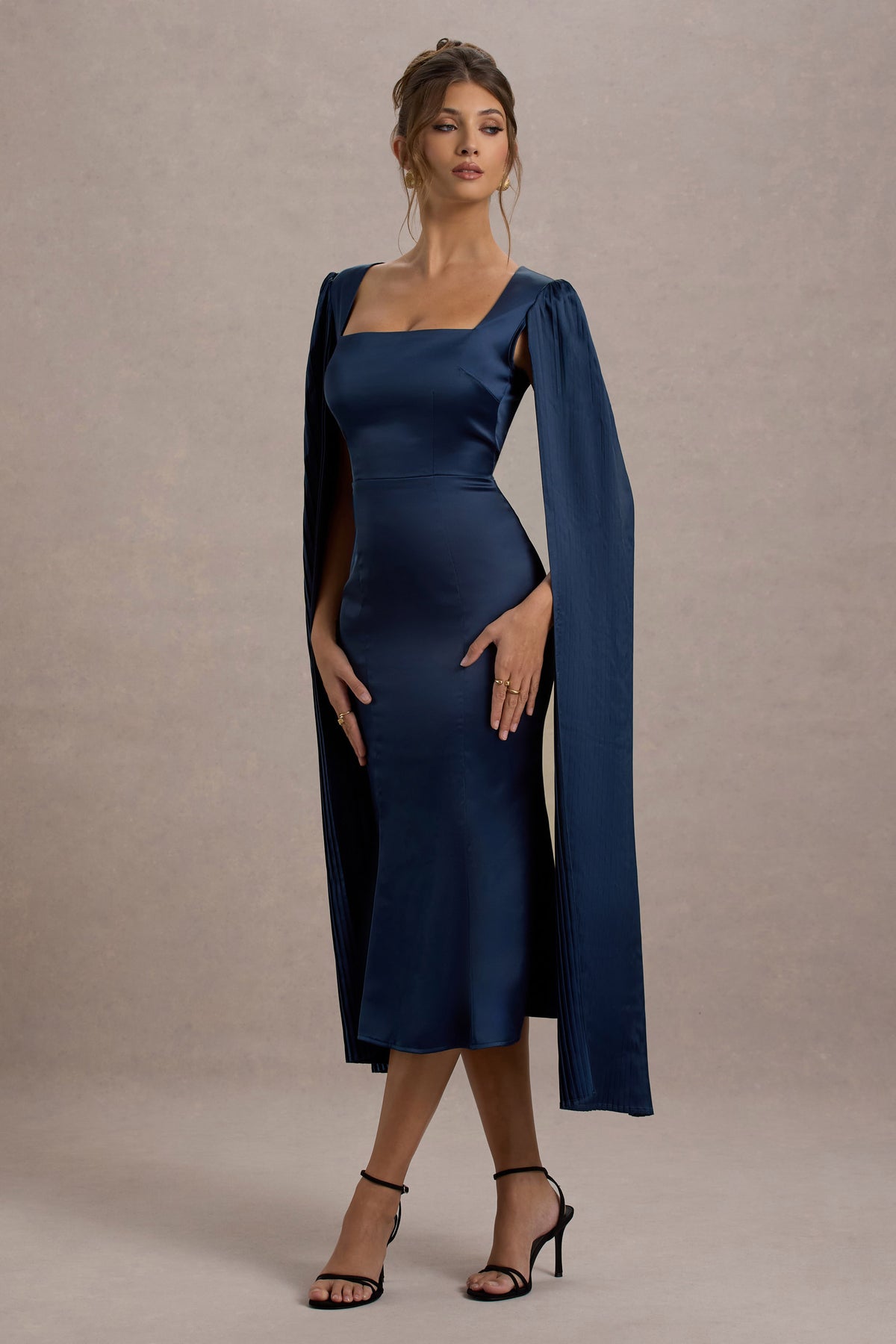 Nalda | Navy Square-Neck Midi Dress With Cape Sleeves - Club L 