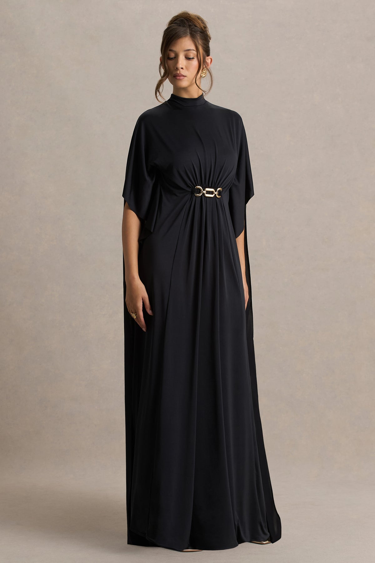 Olessia Black Belted Gathered Cape-Sleeve Maxi Dress Club L London - UK Olessia Black Belted Gathered Cape-Sleeve Maxi Dress Club L London - UK