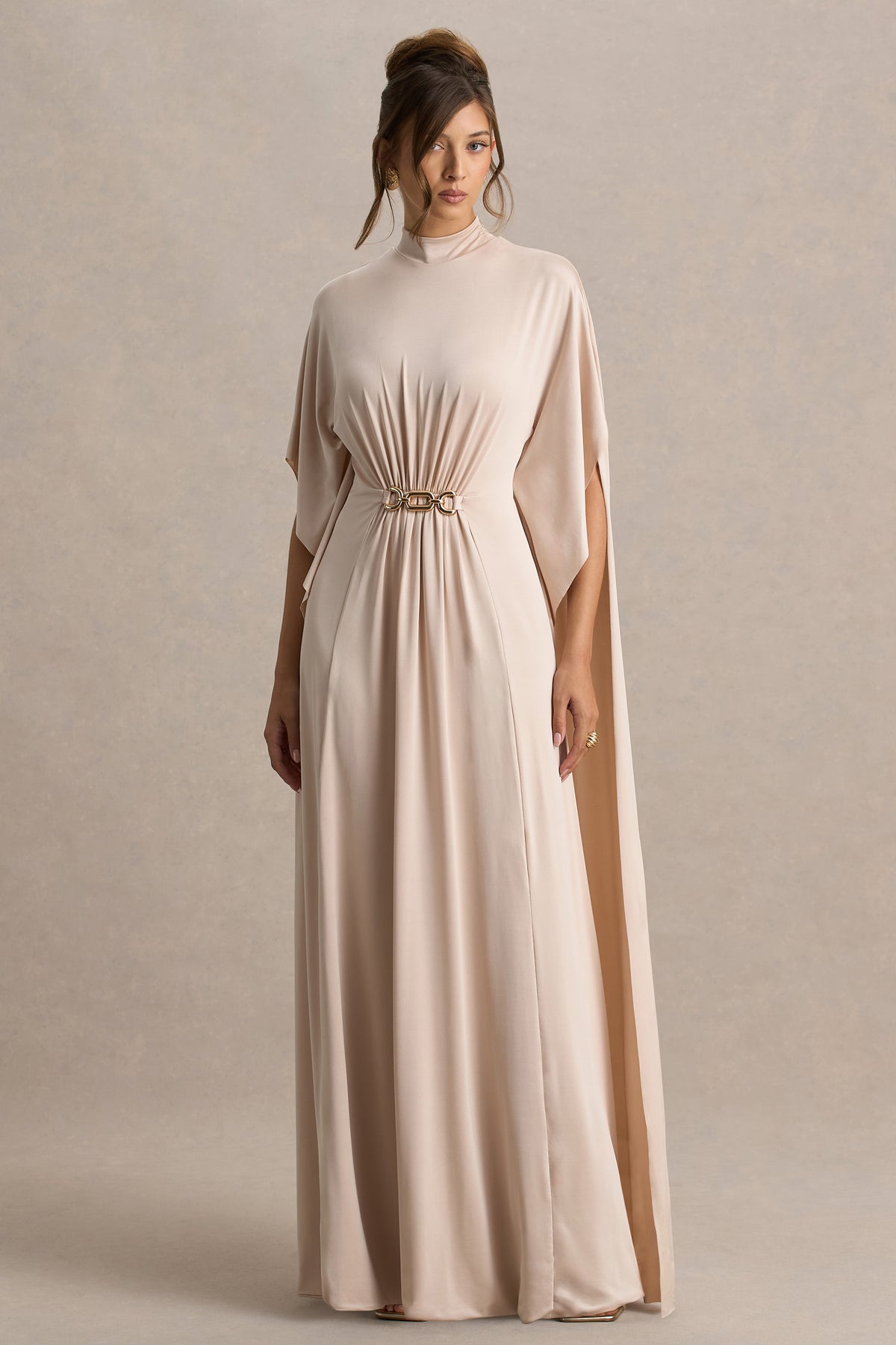 Olessia Champagne Belted Gathered Cape-Sleeve Maxi Dress Club L London - UK Olessia Champagne Belted Gathered Cape-Sleeve Maxi Dress Club L London - UK