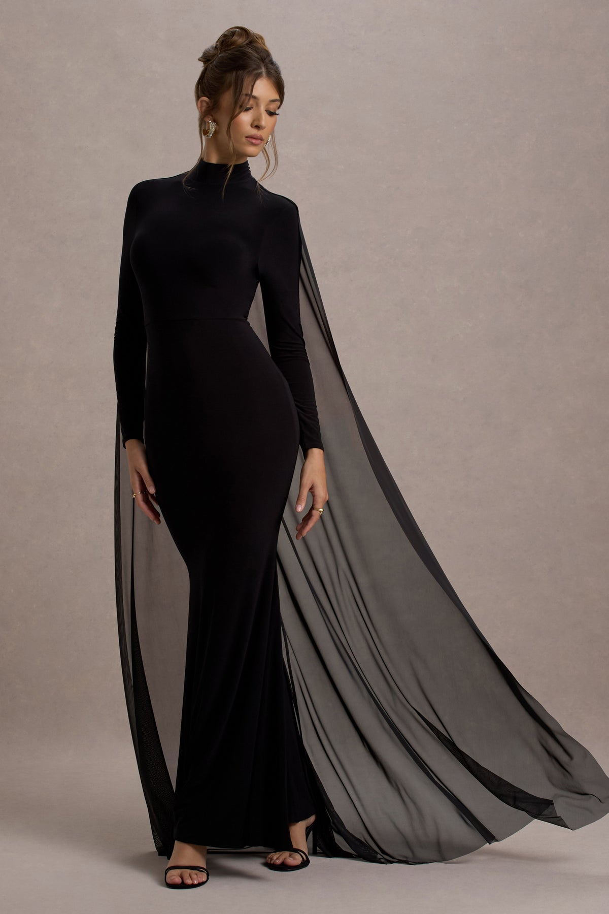 La Nuit Black High-Neck Long-Sleeve Maxi Dress With Cape Club L London - UK La Nuit Black High-Neck Long-Sleeve Maxi Dress With Cape Club L London - UK