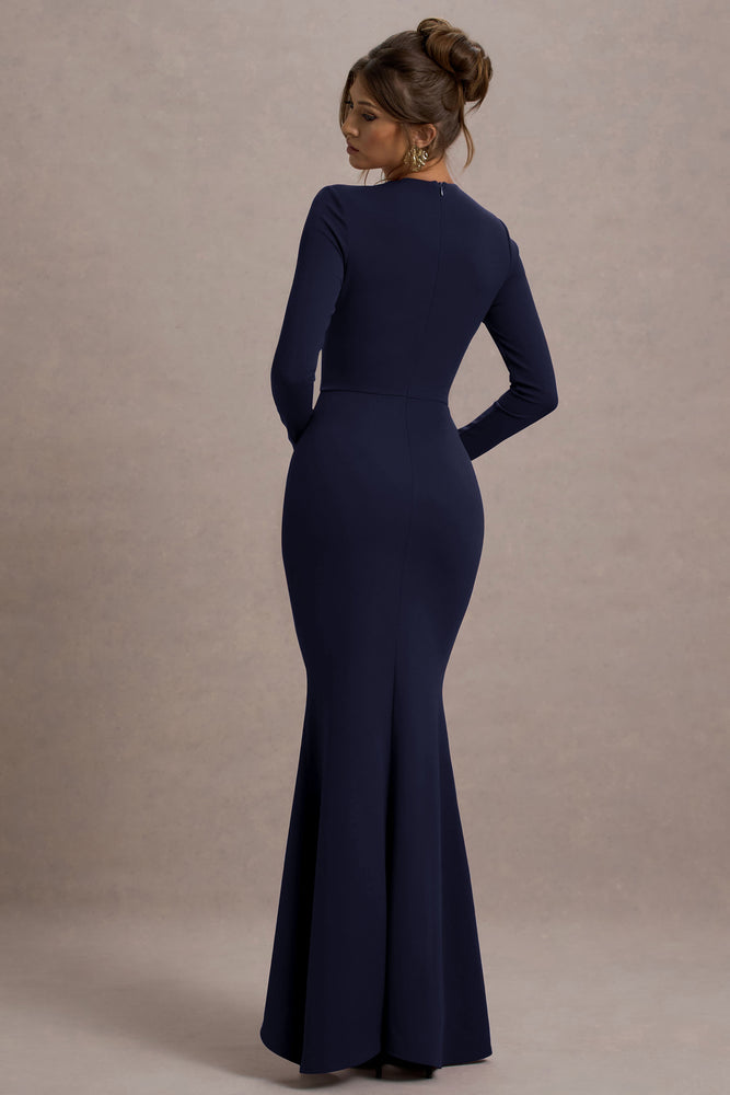 Alayna Navy Long-Sleeve Maxi Dress With Ruffled Split  Club L London - UK