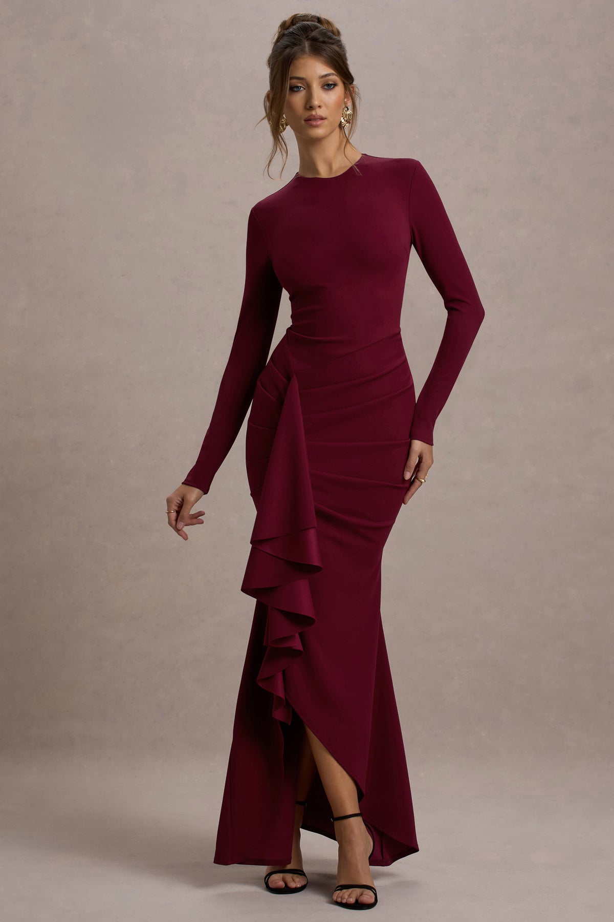 knee length dresses for ladies Alayna Berry Long-Sleeve Maxi Dress With Ruffled Split Club L London knee length dresses for ladies Alayna Berry Long-Sleeve Maxi Dress With Ruffled Split Club L London