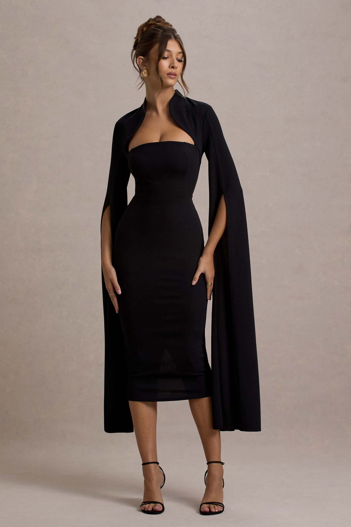 Linden Black Bodycon Cape-Sleeve Midi Dress Club L London - UK Linden Black Bodycon Cape-Sleeve Midi Dress Club L London - UK