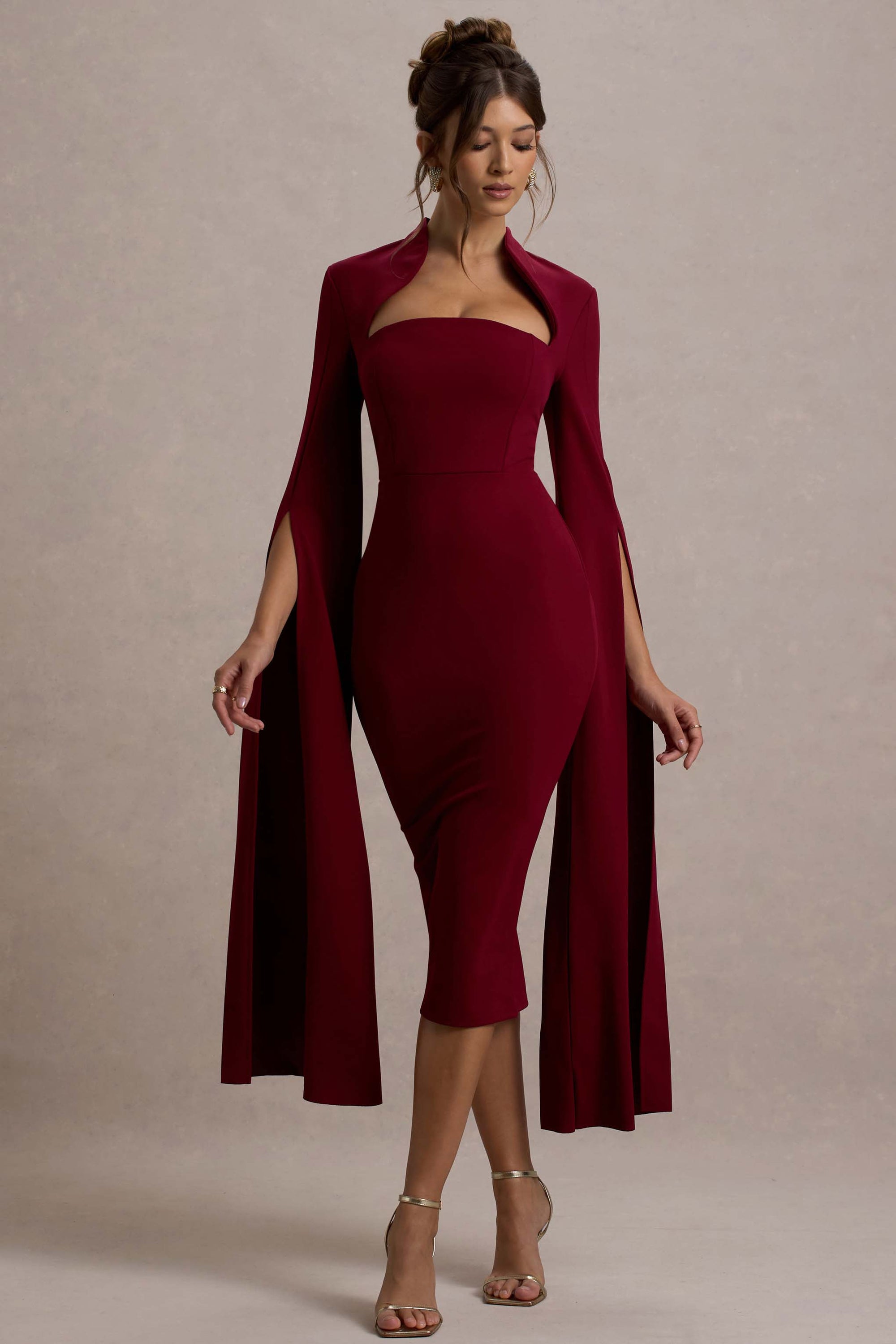Linden | Burgundy Bodycon Cape-Sleeve Midi Dress – Club L London