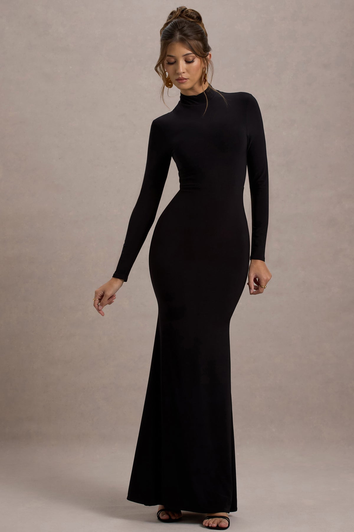 Tova | Black High-Neck Long-Sleeve Maxi Dress - Club L 