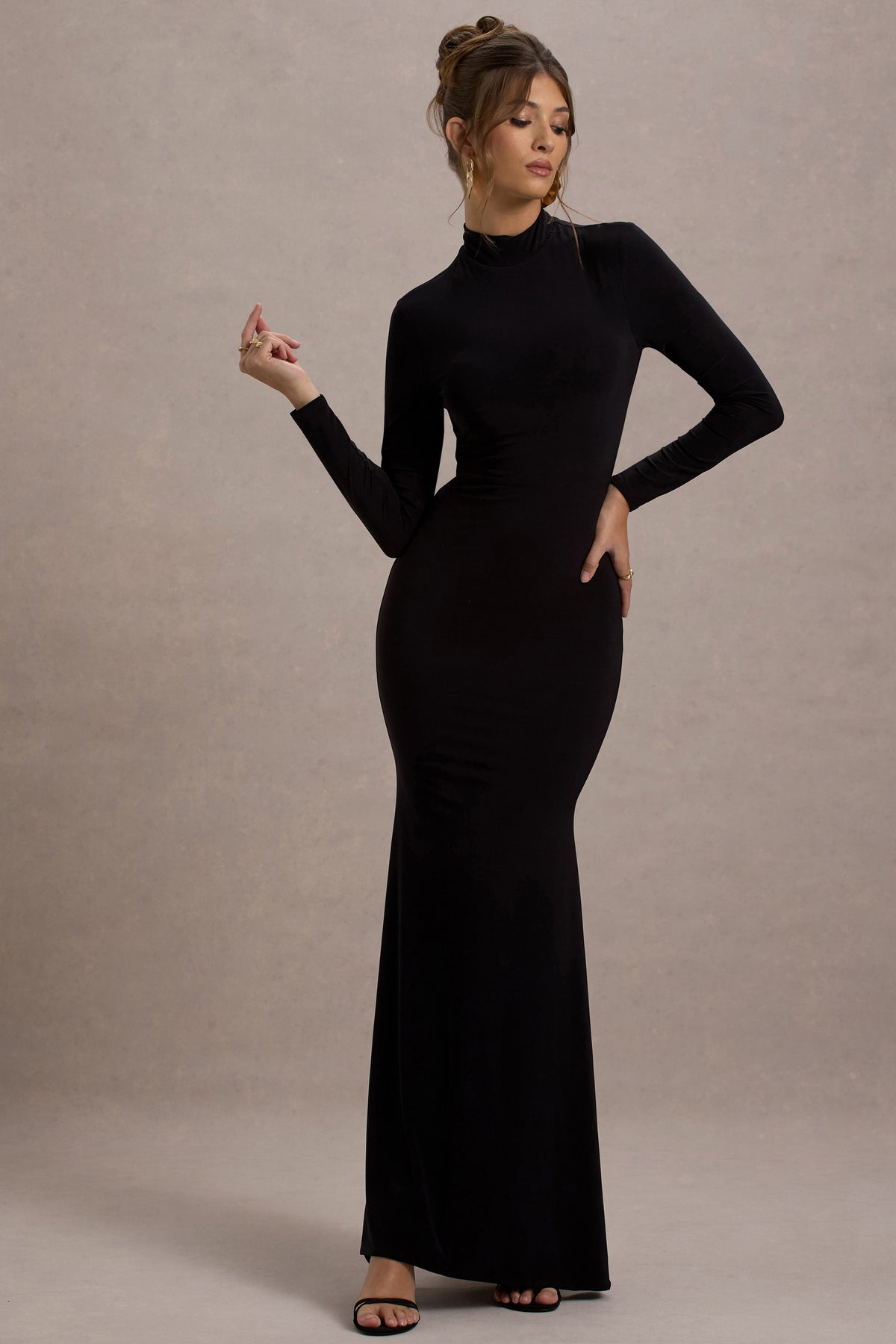 Tova | Black High-Neck Long-Sleeve Maxi Dress - Club L 