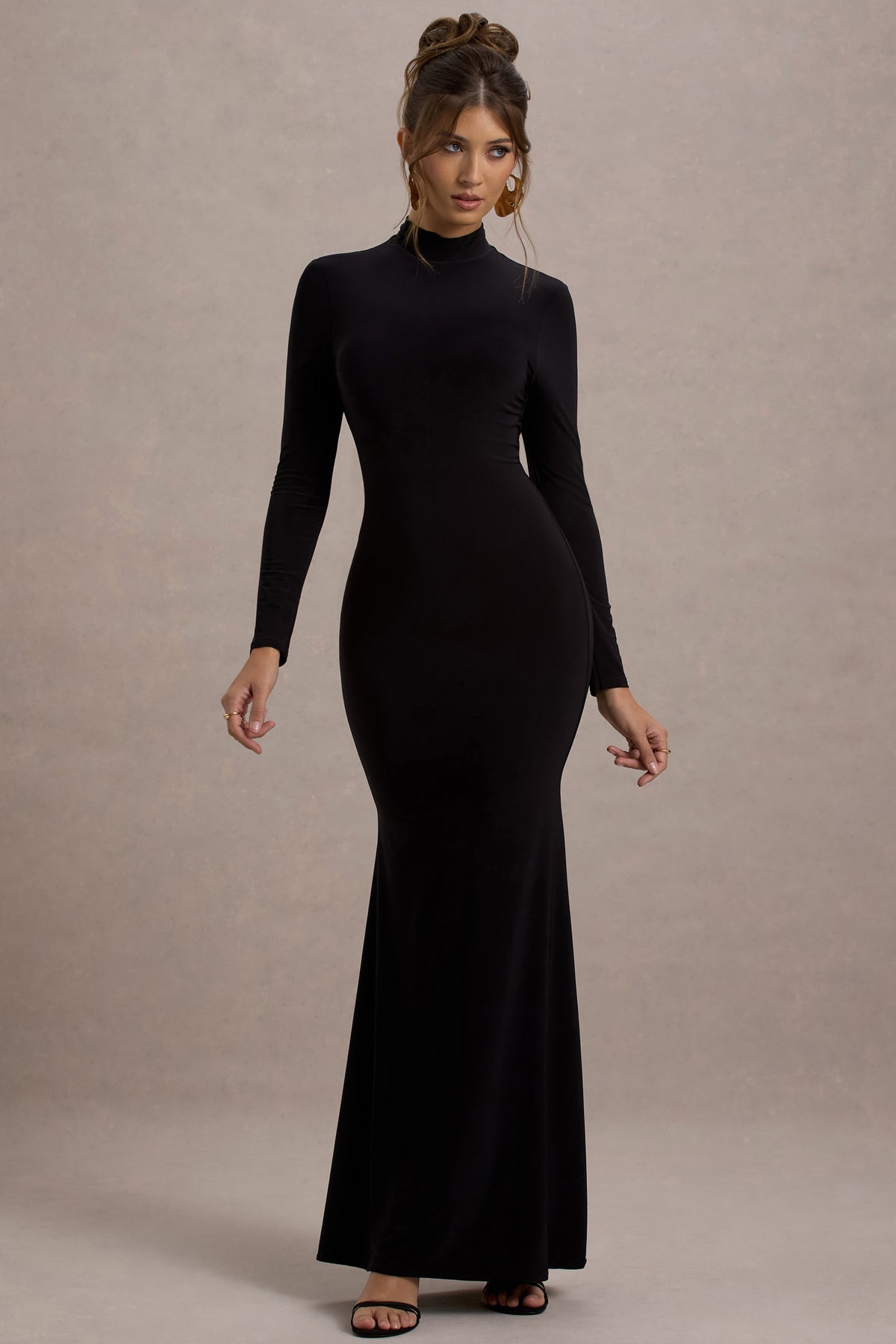Tova | Black High-Neck Long-Sleeve Maxi Dress - Club L 