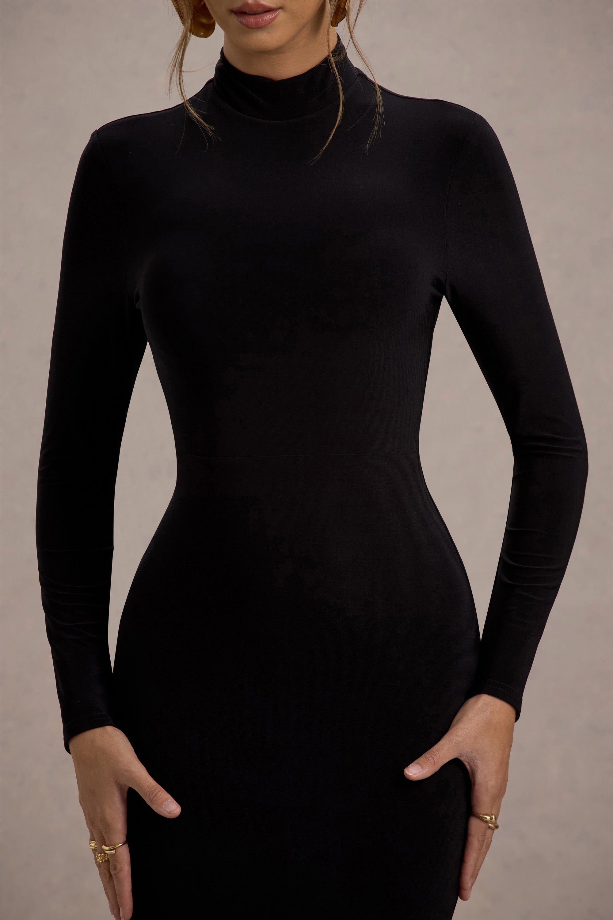 Tova | Black High-Neck Long-Sleeve Maxi Dress - Club L 