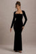 Morana | Black Velvet Square-Neck Long-Sleeve Maxi Dress - Club L 