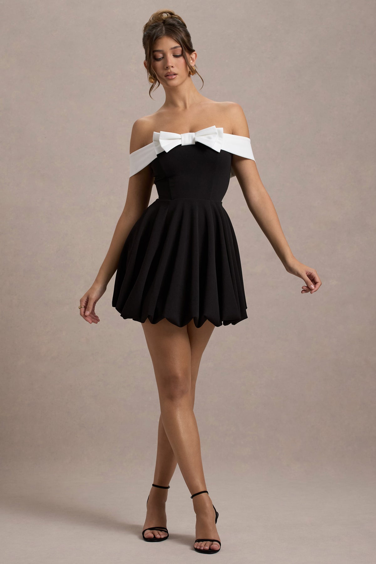 Minimoiselle Black & White Bow Bardot Mini Dress With Puff-Ball Skir Club L London - UK Minimoiselle Black & White Bow Bardot Mini Dress With Puff-Ball Skir Club L London - UK