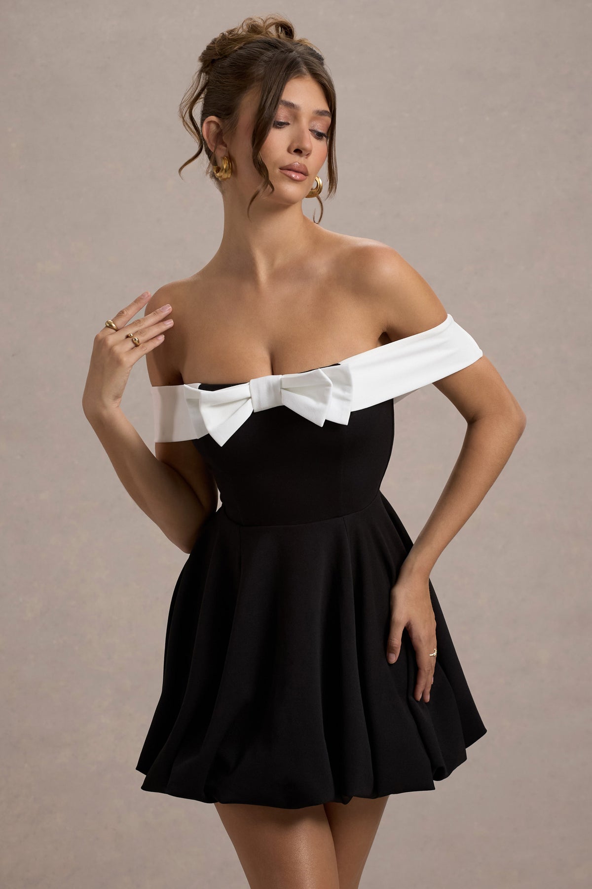 Minimoiselle Black & White Bow Bardot Mini Dress With Puff-Ball Skir Club L London - UK Minimoiselle Black & White Bow Bardot Mini Dress With Puff-Ball Skir Club L London - UK
