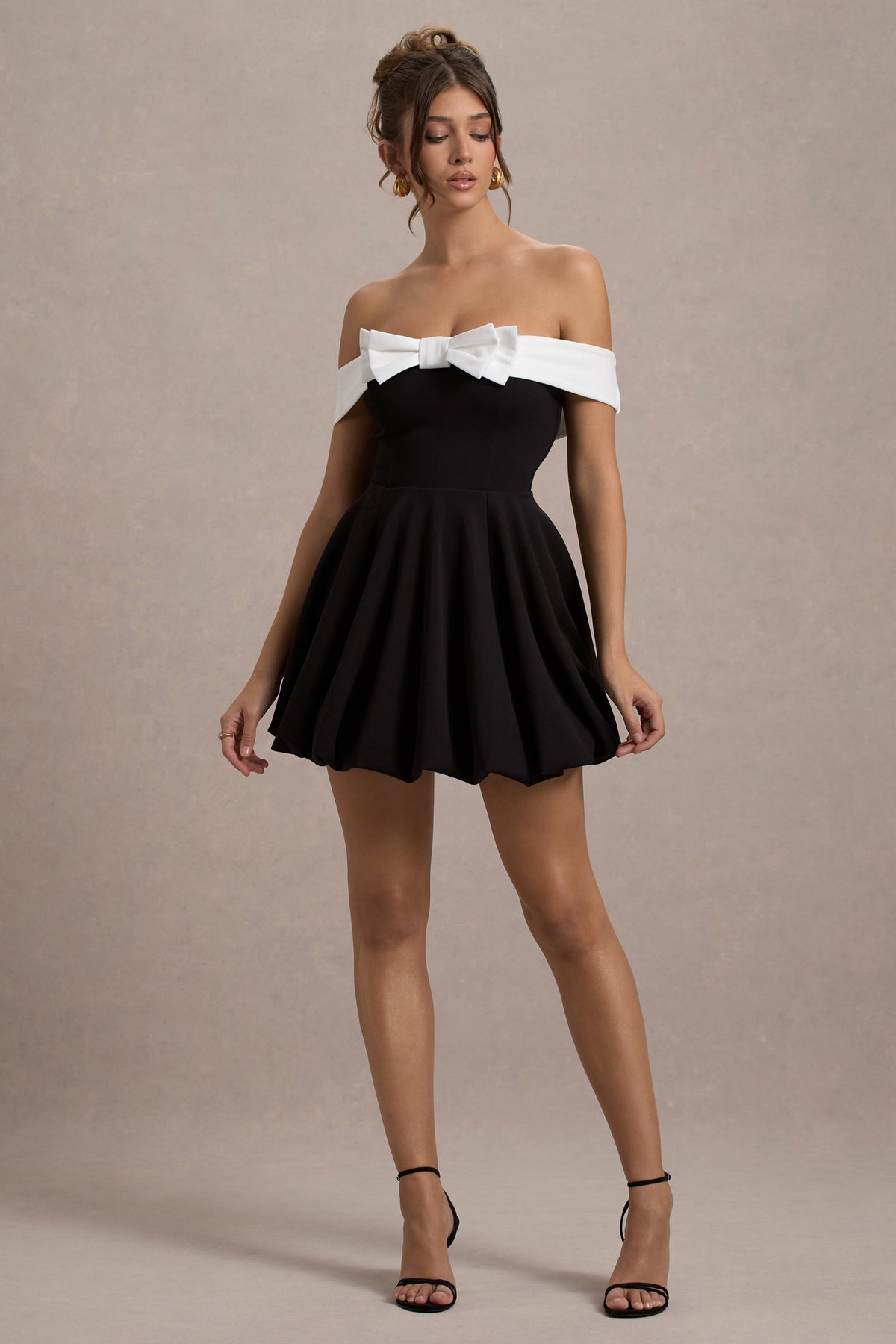 Minimoiselle | Black & White Bow Bardot Mini Dress With Puff-Ball Skirt - Club L 