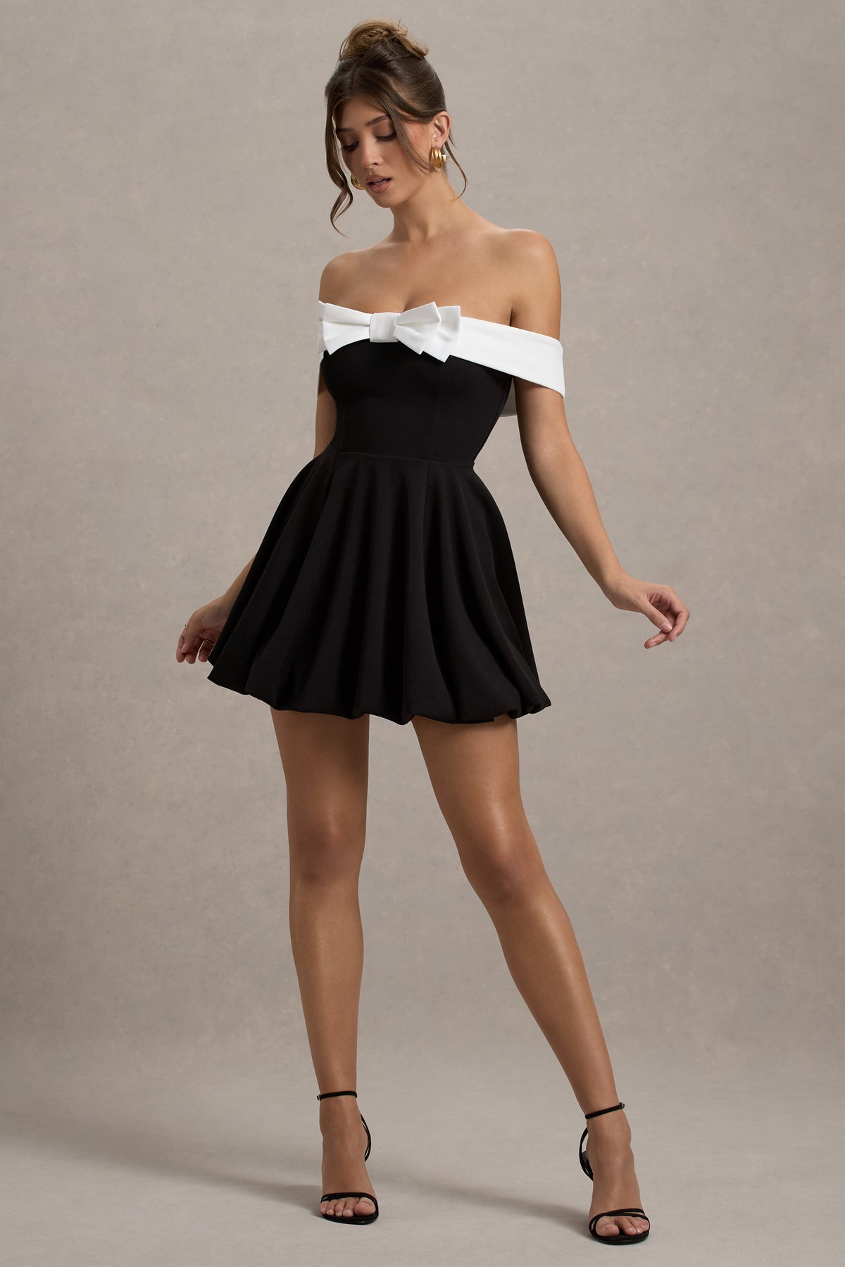 Minimoiselle Black & White Bow Bardot Mini Dress With Puff-Ball Skir Club L London - UK Minimoiselle Black & White Bow Bardot Mini Dress With Puff-Ball Skir Club L London - UK