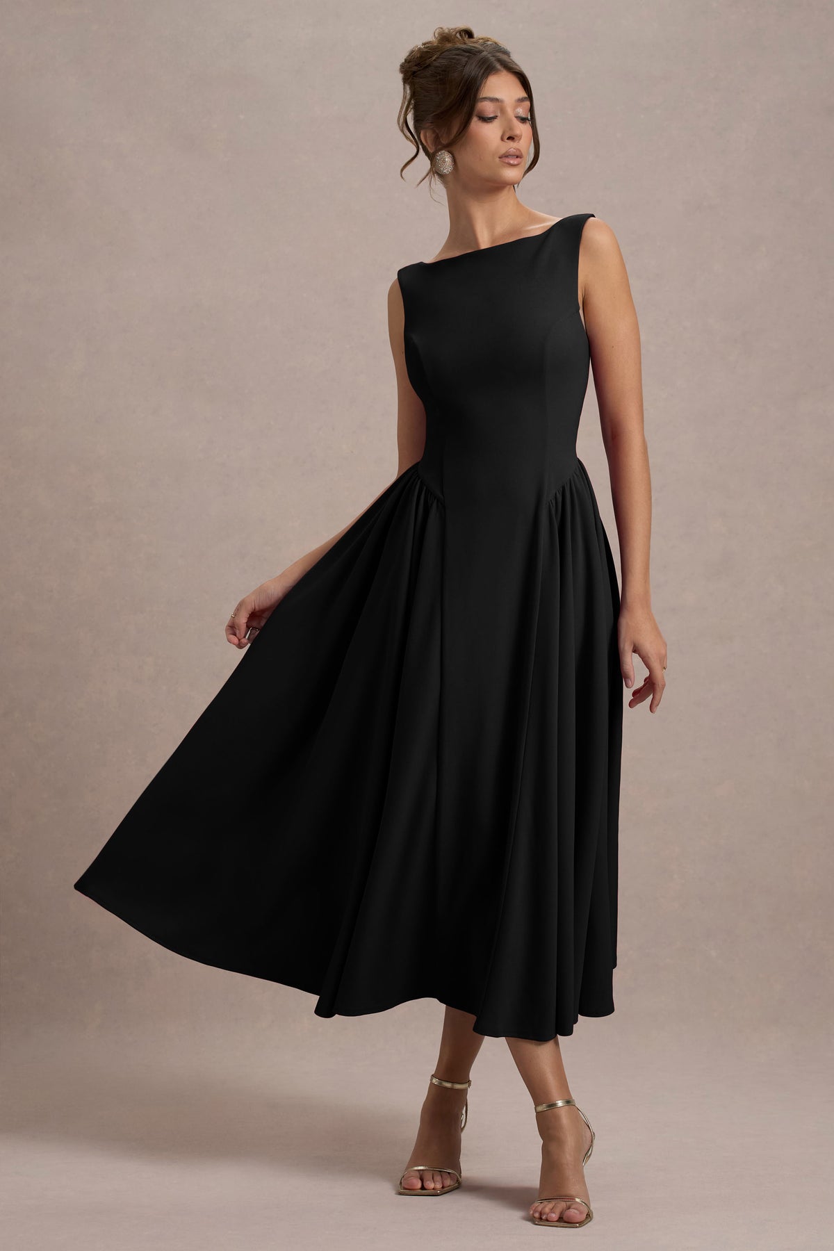 Muriel Black Boat-Neck Volume-Hem Midi Dress – Club L London
