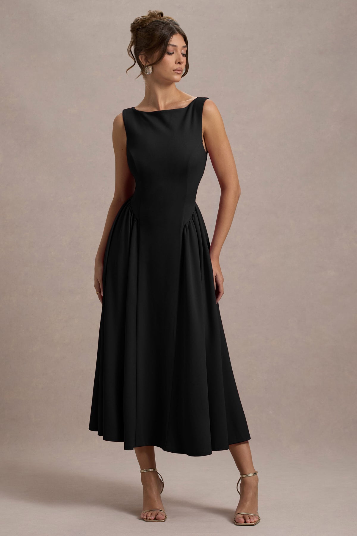 Muriel Black Boat-Neck Volume-Hem Midi Dress – Club L London