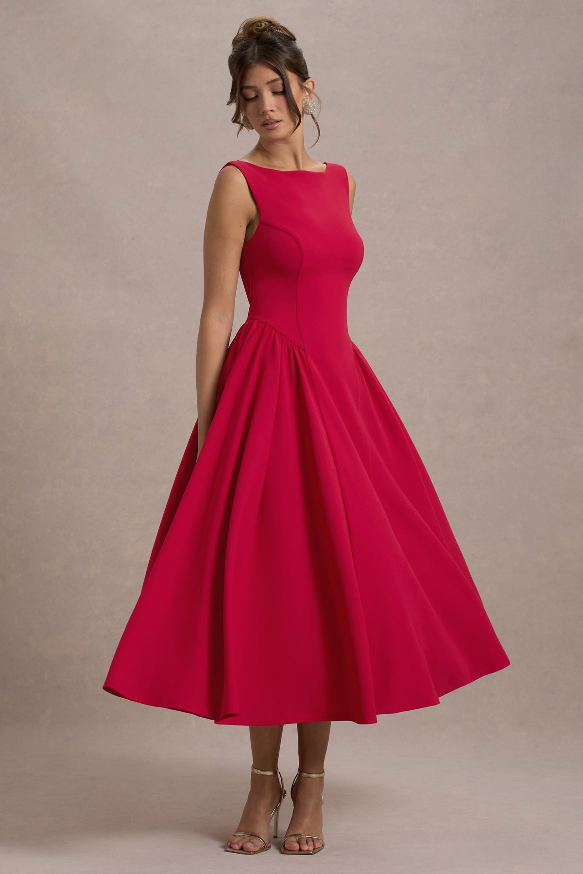 Muriel Red Boat-Neck Volume-Hem Midi Dress Club L London - UK Muriel Red Boat-Neck Volume-Hem Midi Dress Club L London - UK