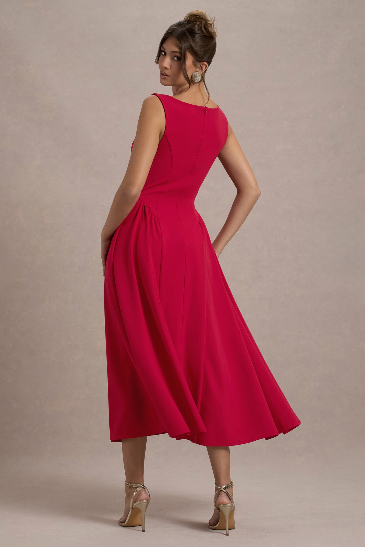 Muriel Red Boat-Neck Volume-Hem Midi Dress Club L London - UK Muriel Red Boat-Neck Volume-Hem Midi Dress Club L London - UK