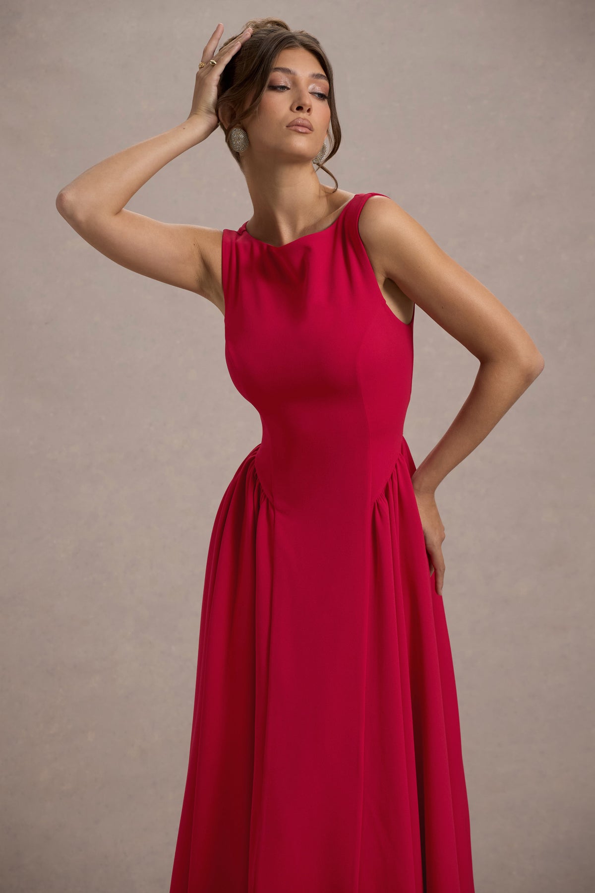 Muriel Red Boat-Neck Volume-Hem Midi Dress Club L London - UK Muriel Red Boat-Neck Volume-Hem Midi Dress Club L London - UK