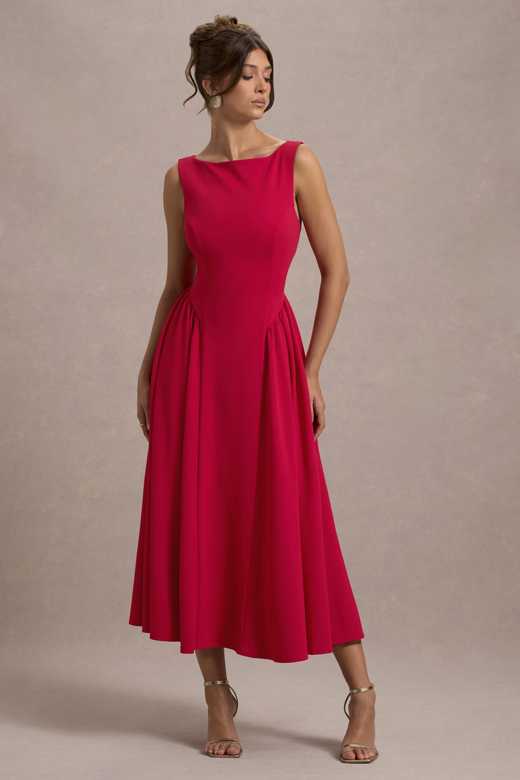 Muriel | Red Boat-Neck Volume-Hem Midi Dress - Club L 