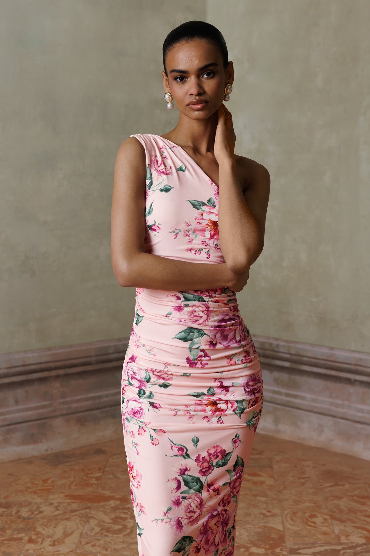 Dalarie Pink Floral Print One-Shoulder Gathered Maxi Dress Club L London - UK Dalarie Pink Floral Print One-Shoulder Gathered Maxi Dress Club L London - UK