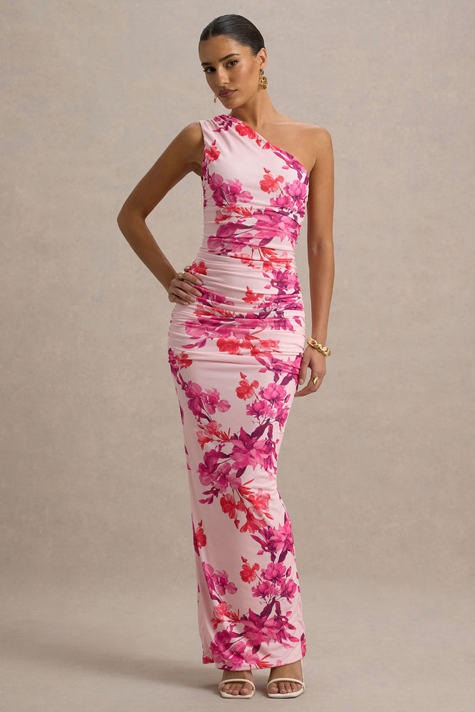 strapless open back dress Dalarie Pink and Orange Floral Print One-Shoulder Gathered Maxi Dres – Club  L London