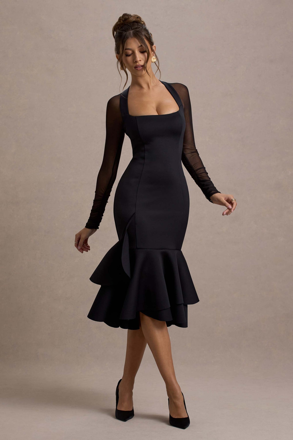 Sander Black Mesh Long-Sleeve Ruffle-Hem Midi Dress Club L London - UK Sander Black Mesh Long-Sleeve Ruffle-Hem Midi Dress Club L London - UK