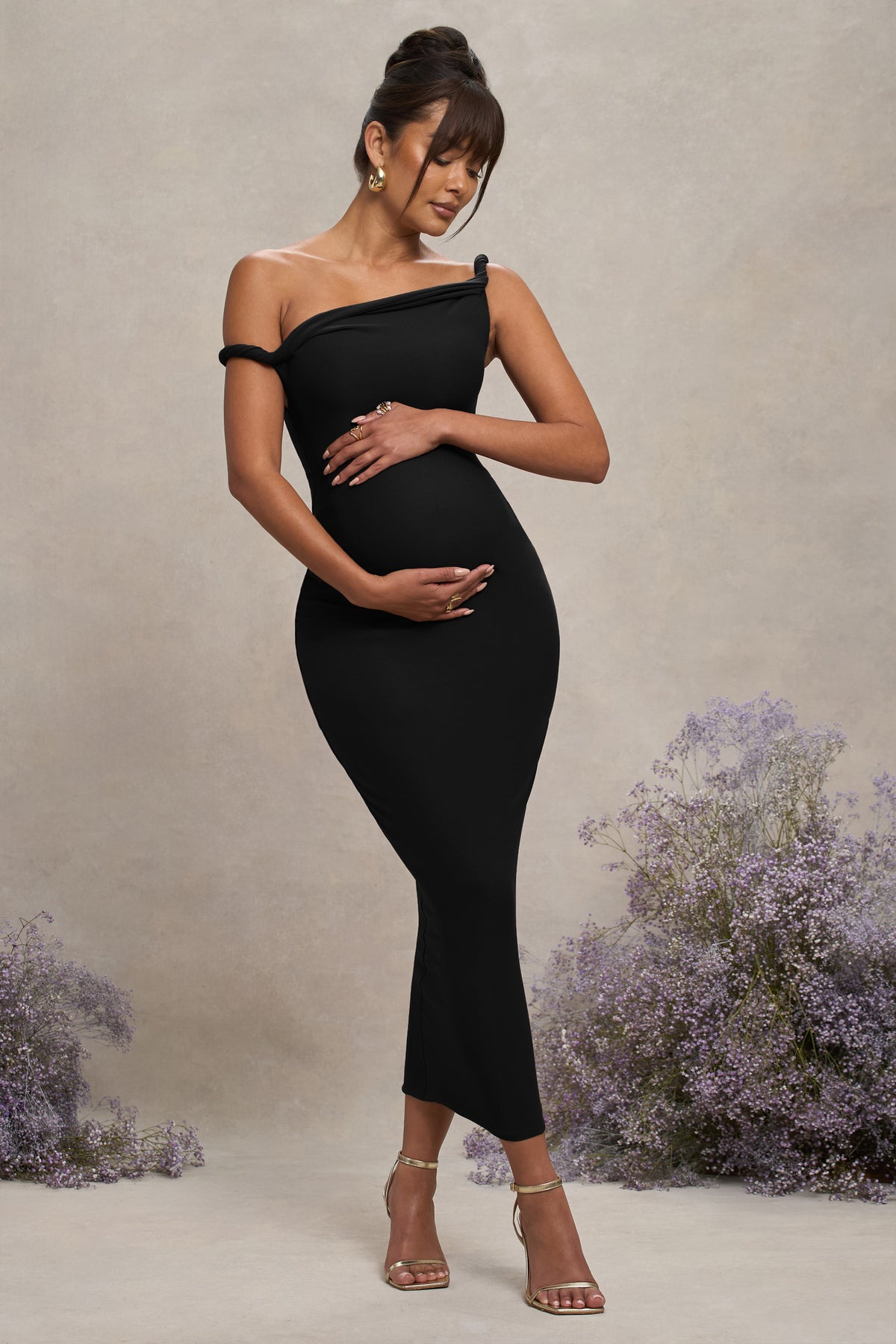 Salome | Black Twisted Asymmetric Maternity Midi Dress - Club L 